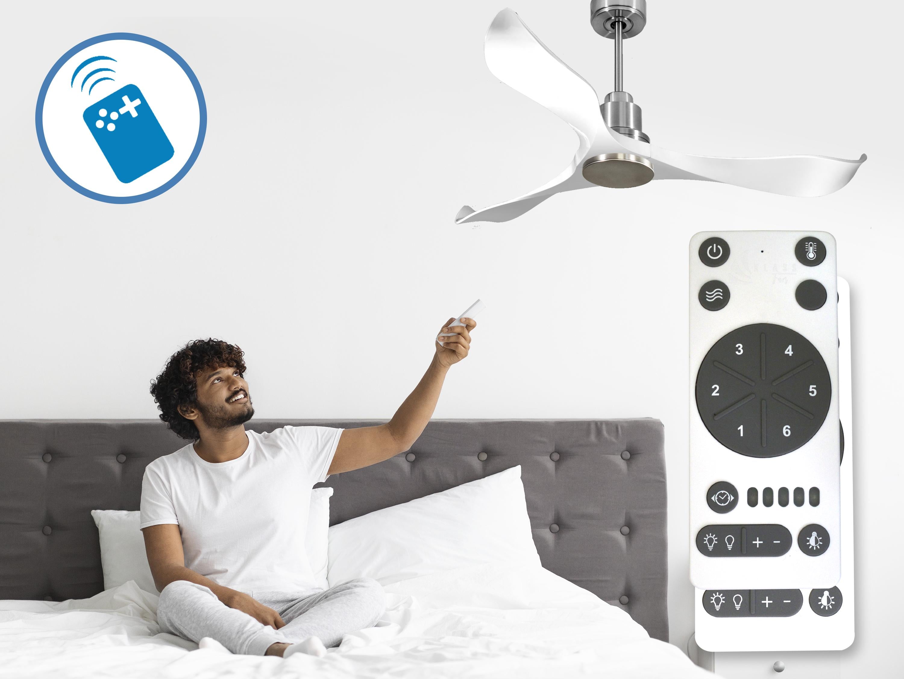 Ventilatore da soffitto Reversibile Termostato Wifi Motore CC Tetti inclinati Telecomando Adattatore 2/3 lame Hypersilence Memoria Shopify Vendible (AUTOMATICO)