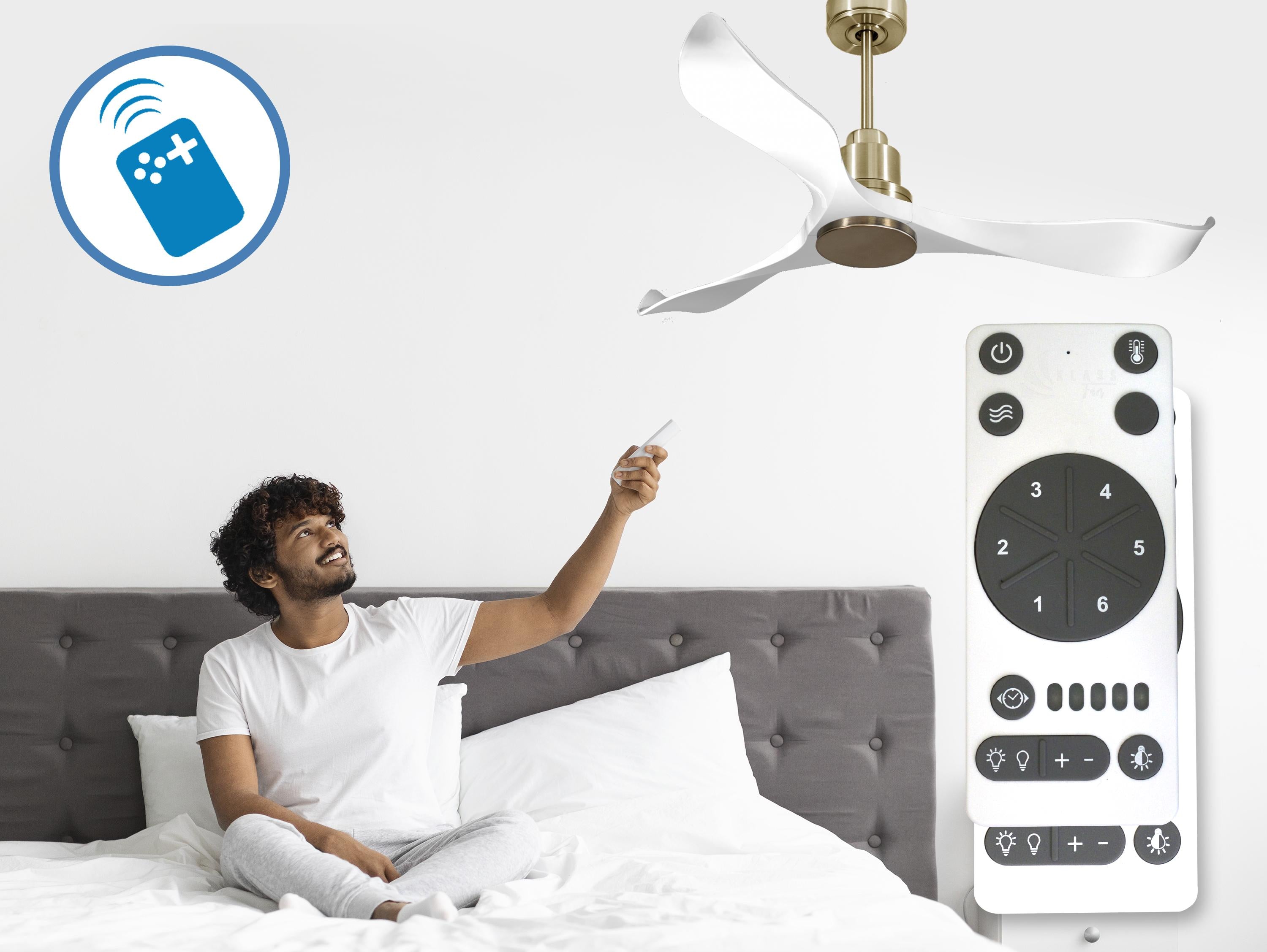 Ventilatore da soffitto Reversibile Termostato Wifi Motore CC Tetti inclinati Telecomando Adattatore 2/3 lame Hypersilence Memoria Shopify Vendible (AUTOMATICO)