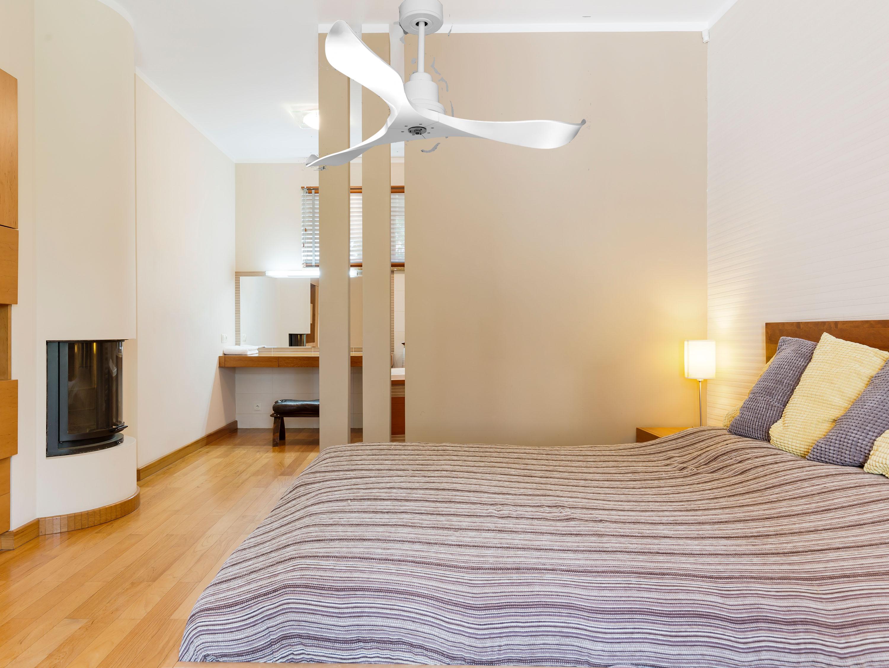 Ventilatore da soffitto Reversibile Termostato Dimmabile Wifi Motore CC Tetti inclinati Telecomando Luce a tre toni Adattatore 2/3 lame Hypersilence Memoria