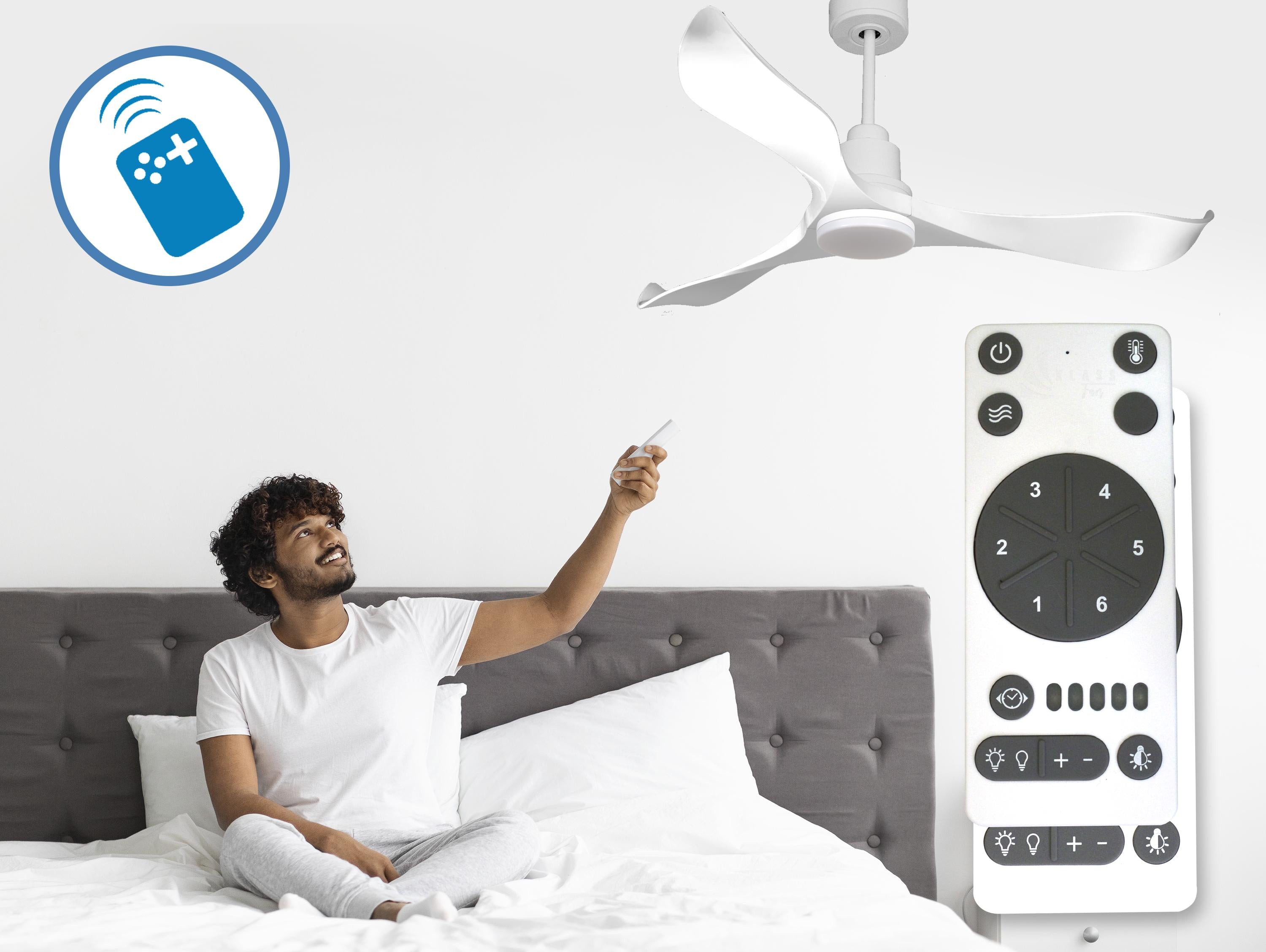 Ventilatore da soffitto Reversibile Termostato Dimmabile Wifi Motore CC Tetti inclinati Telecomando Luce a tre toni Adattatore 2/3 lame Hypersilence Memoria