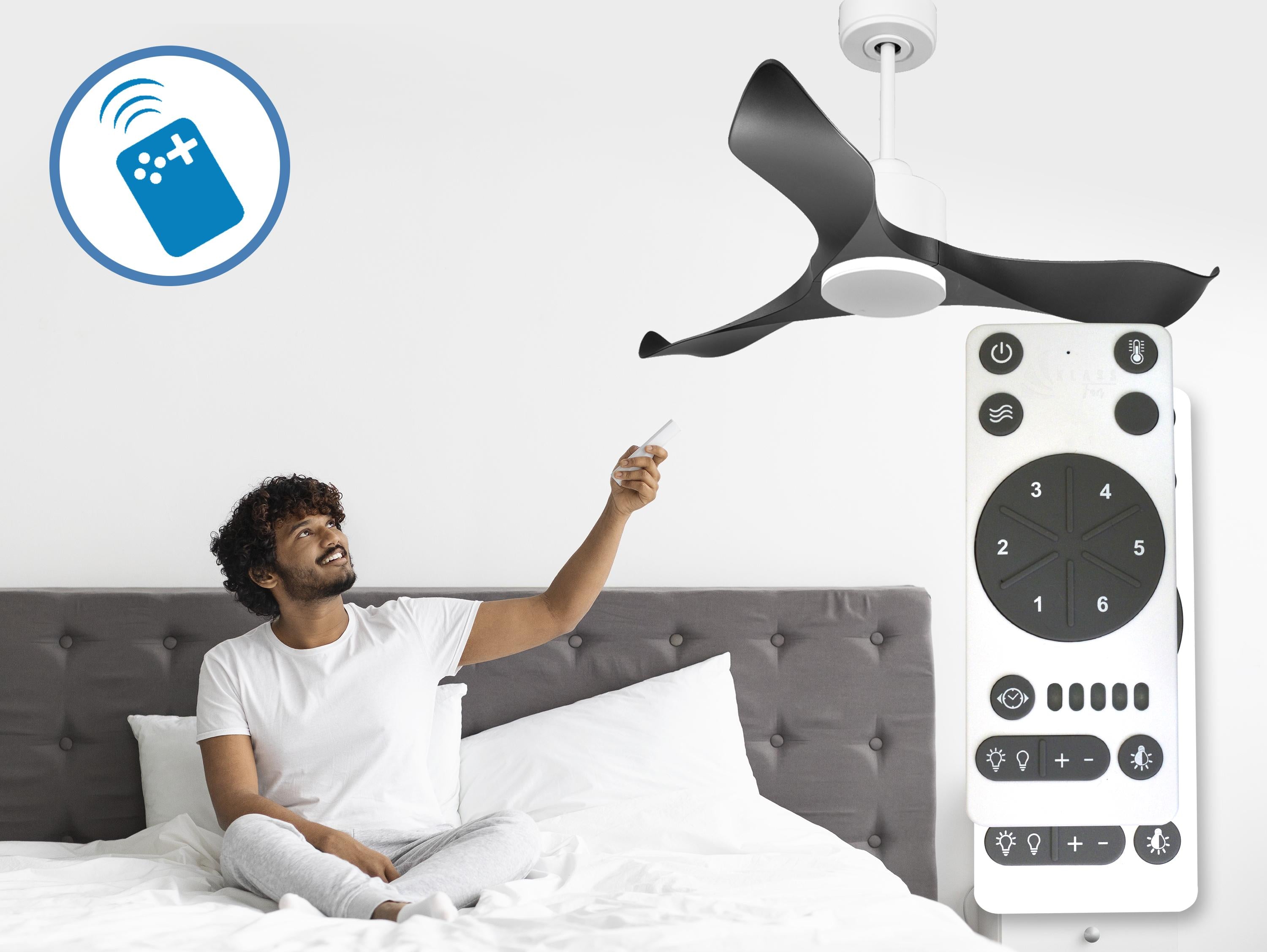 Ventilatore da soffitto Reversibile Termostato Wifi Motore CC Tetti inclinati Telecomando Adattatore 2/3 lame Hypersilence Memoria