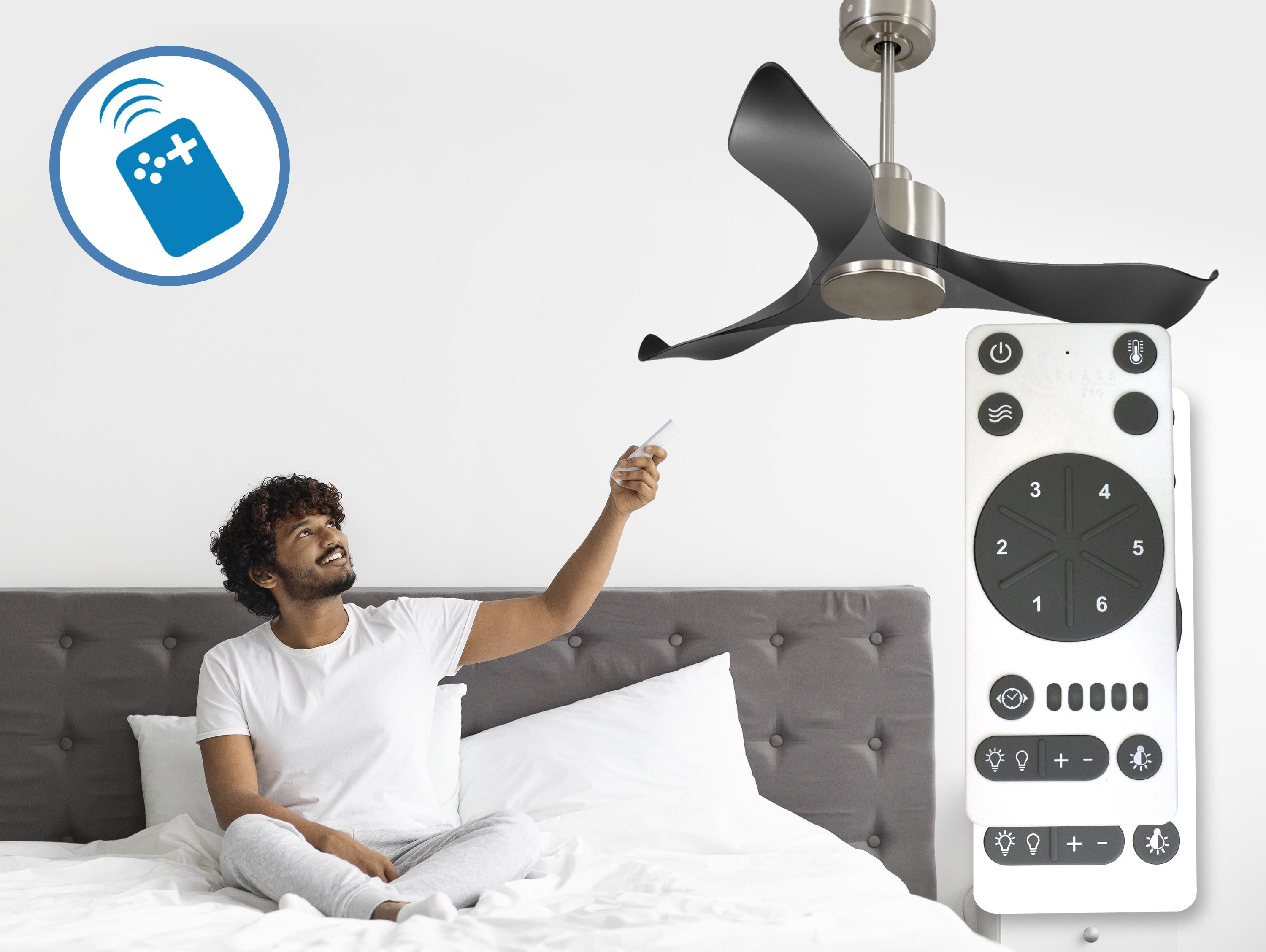 Ventilatore da soffitto Reversibile Termostato Wifi Motore CC Tetti inclinati Telecomando Adattatore 2/3 lame Hypersilence Memoria