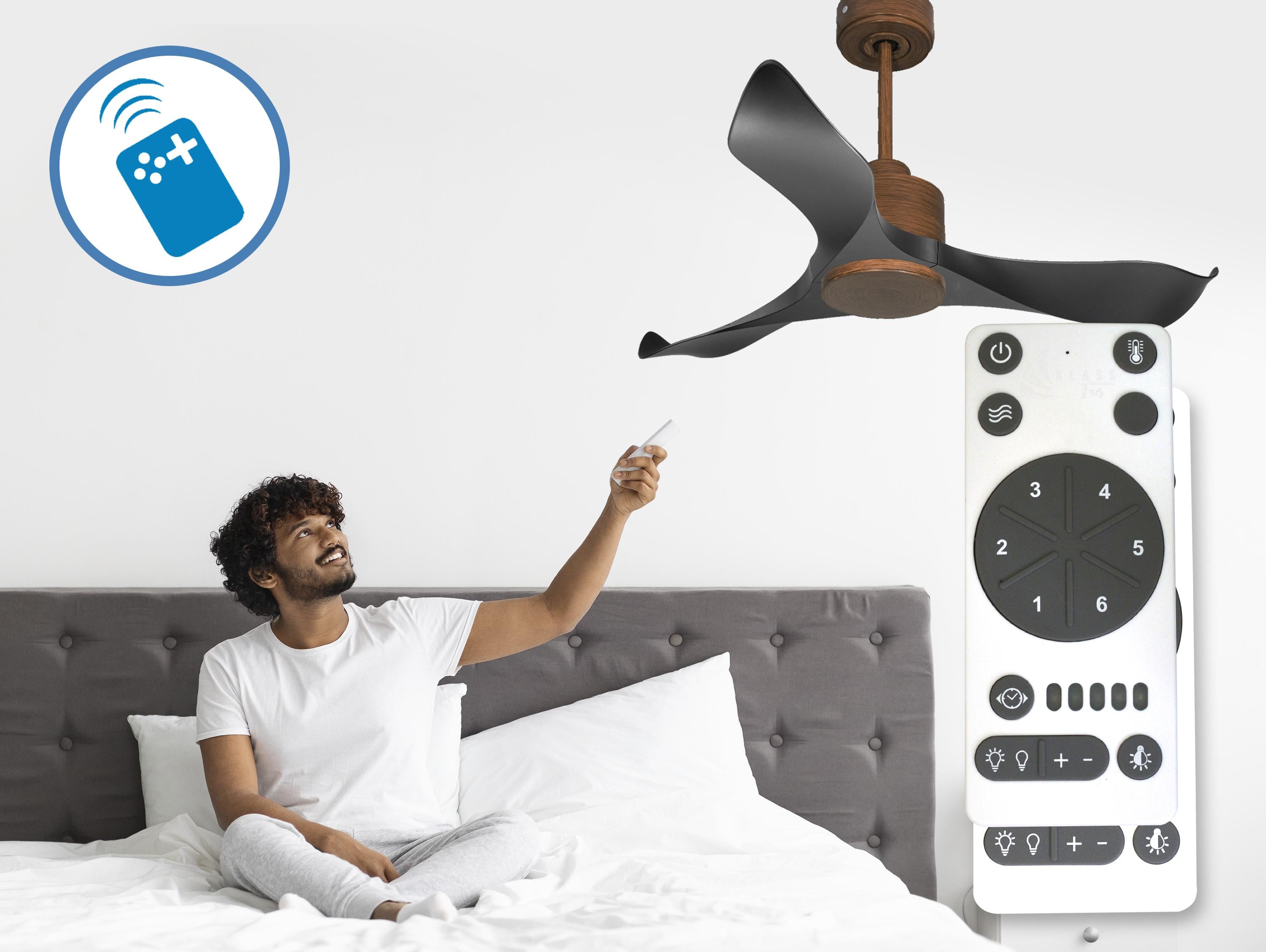 Ventilatore da soffitto Reversibile Termostato Wifi Motore CC Tetti inclinati Telecomando Adattatore 2/3 lame Hypersilence Memoria
