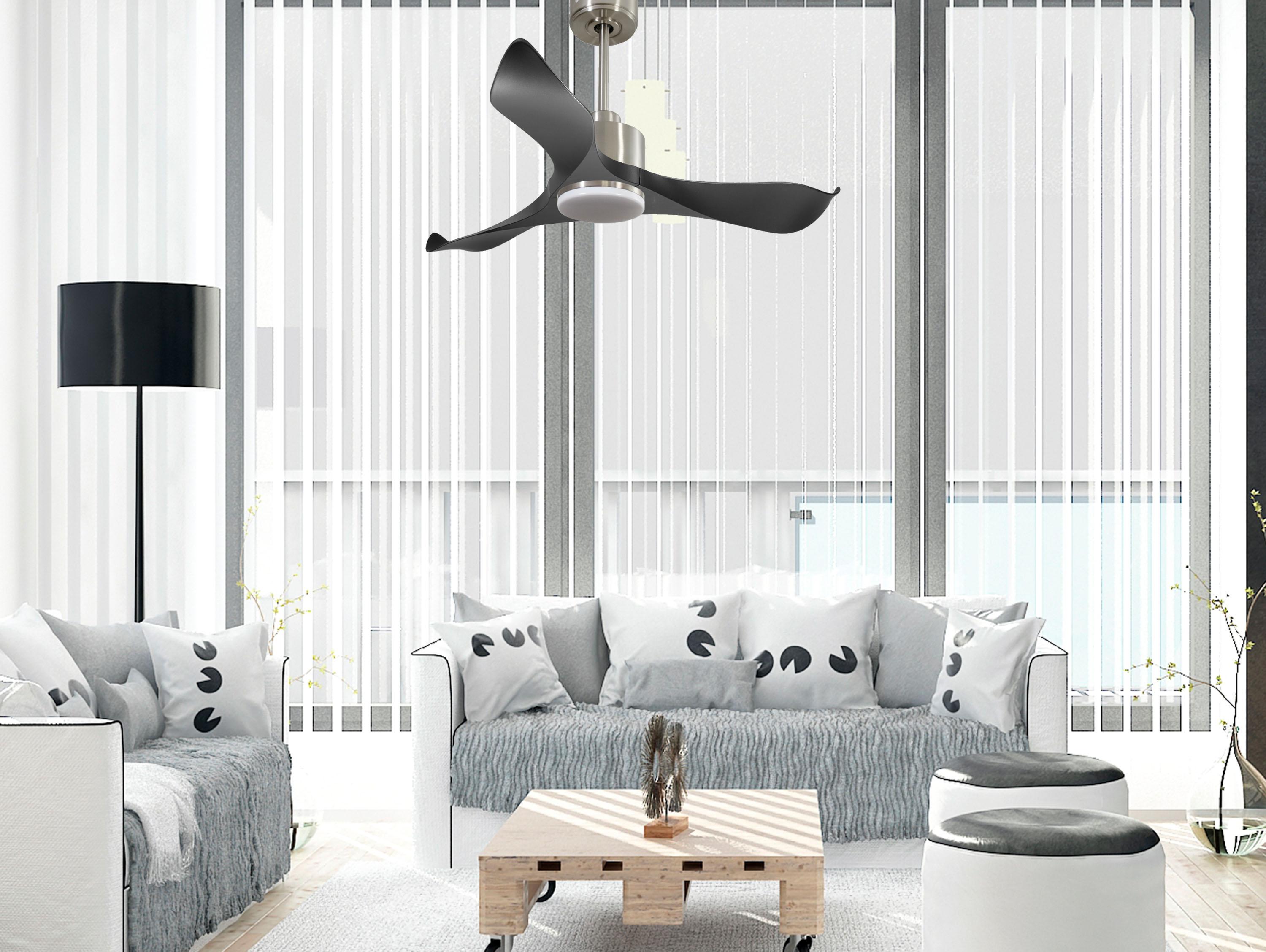 Ventilatore da soffitto Reversibile Termostato Dimmabile Wifi Motore CC Tetti inclinati Telecomando Luce a tre toni Adattatore 2/3 lame Hypersilence Memoria