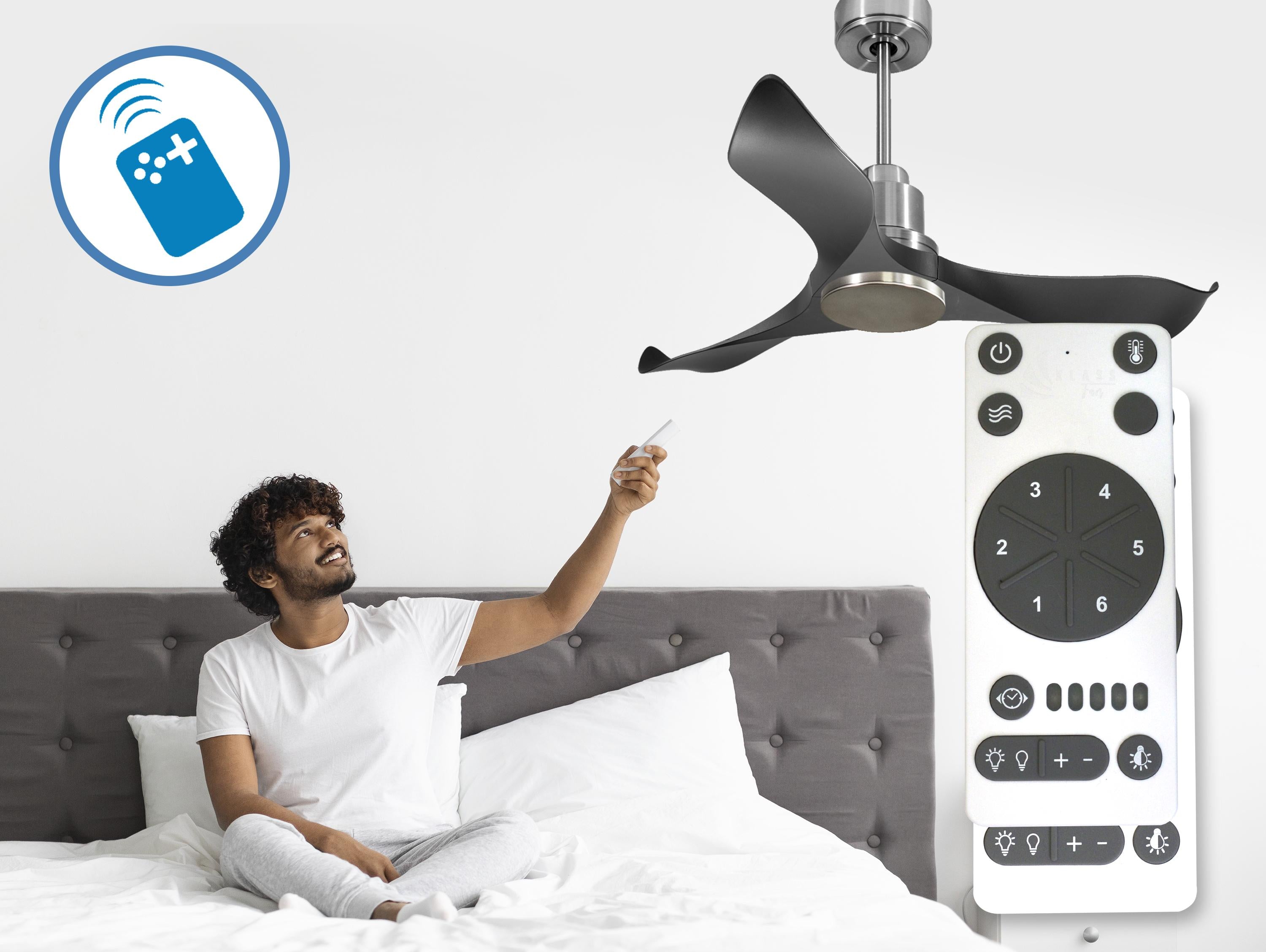 Ventilatore da soffitto Reversibile Termostato Wifi Motore CC Tetti inclinati Telecomando Adattatore 2/3 lame Hypersilence Memoria Shopify Vendible (AUTOMATICO)