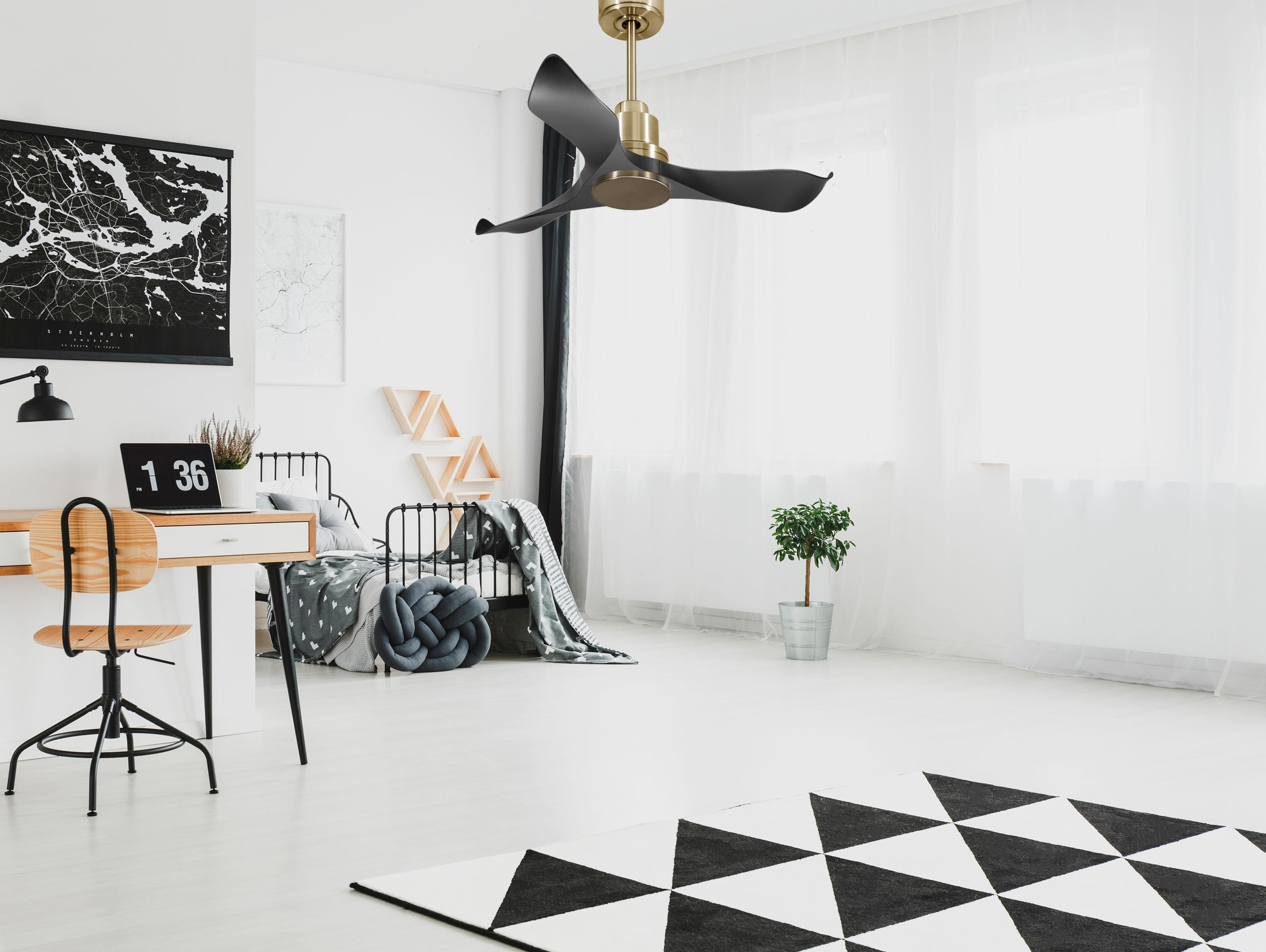 Ventilatore da soffitto Reversibile Termostato Wifi Motore CC Tetti inclinati Telecomando Adattatore 2/3 lame Hypersilence Memoria