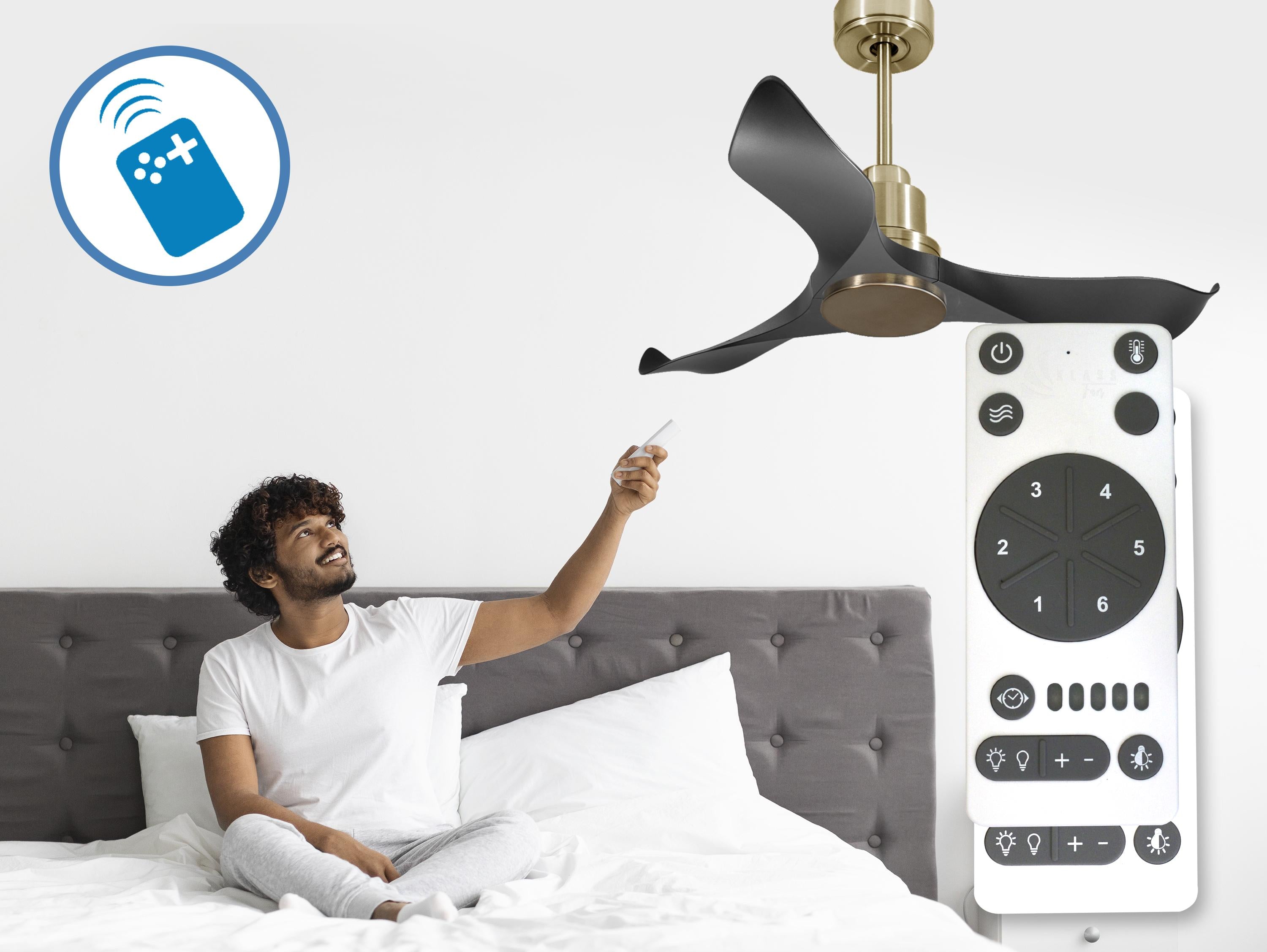 Ventilatore da soffitto Reversibile Termostato Wifi Motore CC Tetti inclinati Telecomando Adattatore 2/3 lame Hypersilence Memoria