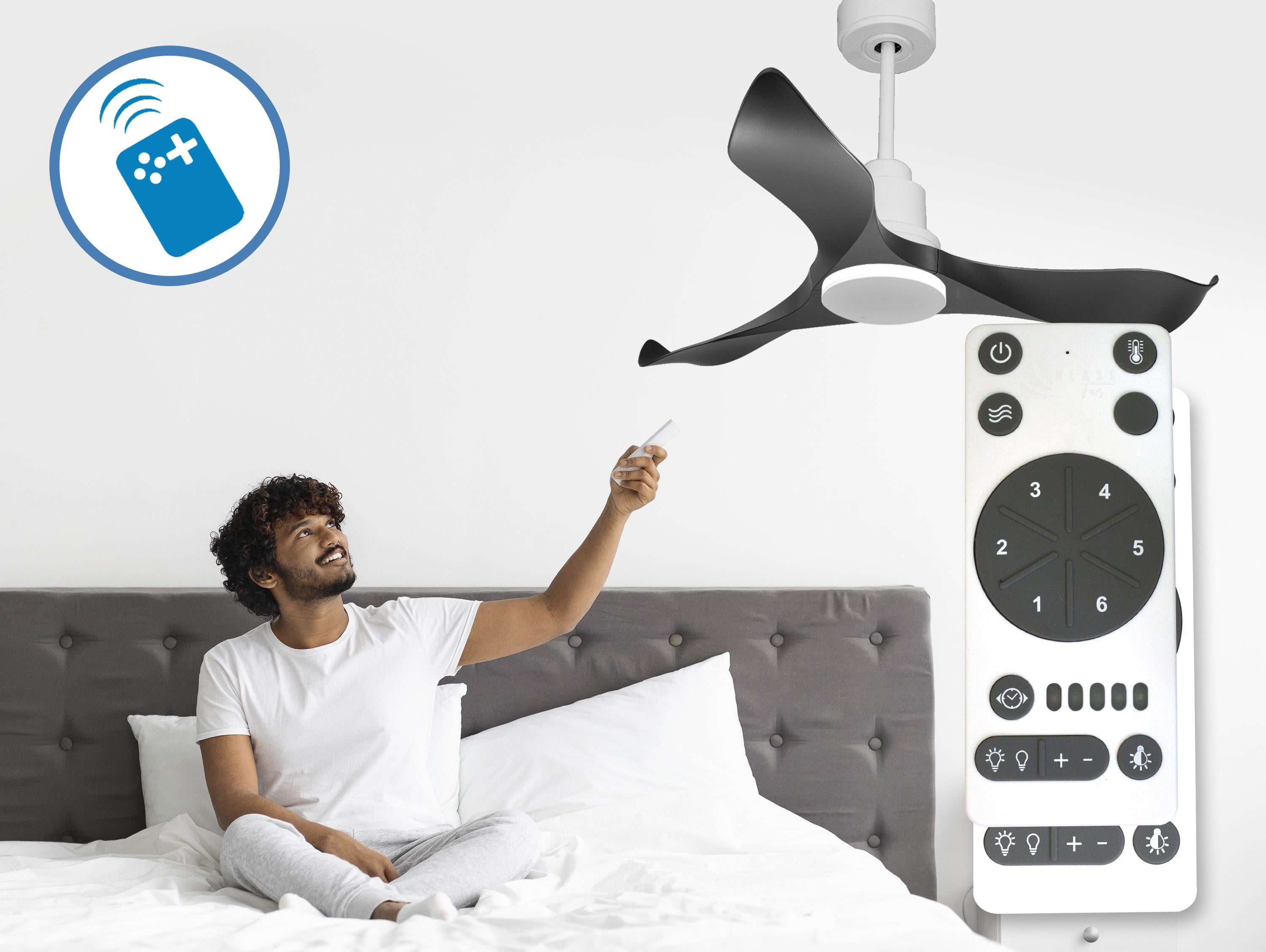 Ventilatore da soffitto Reversibile Termostato Wifi Motore CC Tetti inclinati Telecomando Adattatore 2/3 lame Hypersilence Memoria