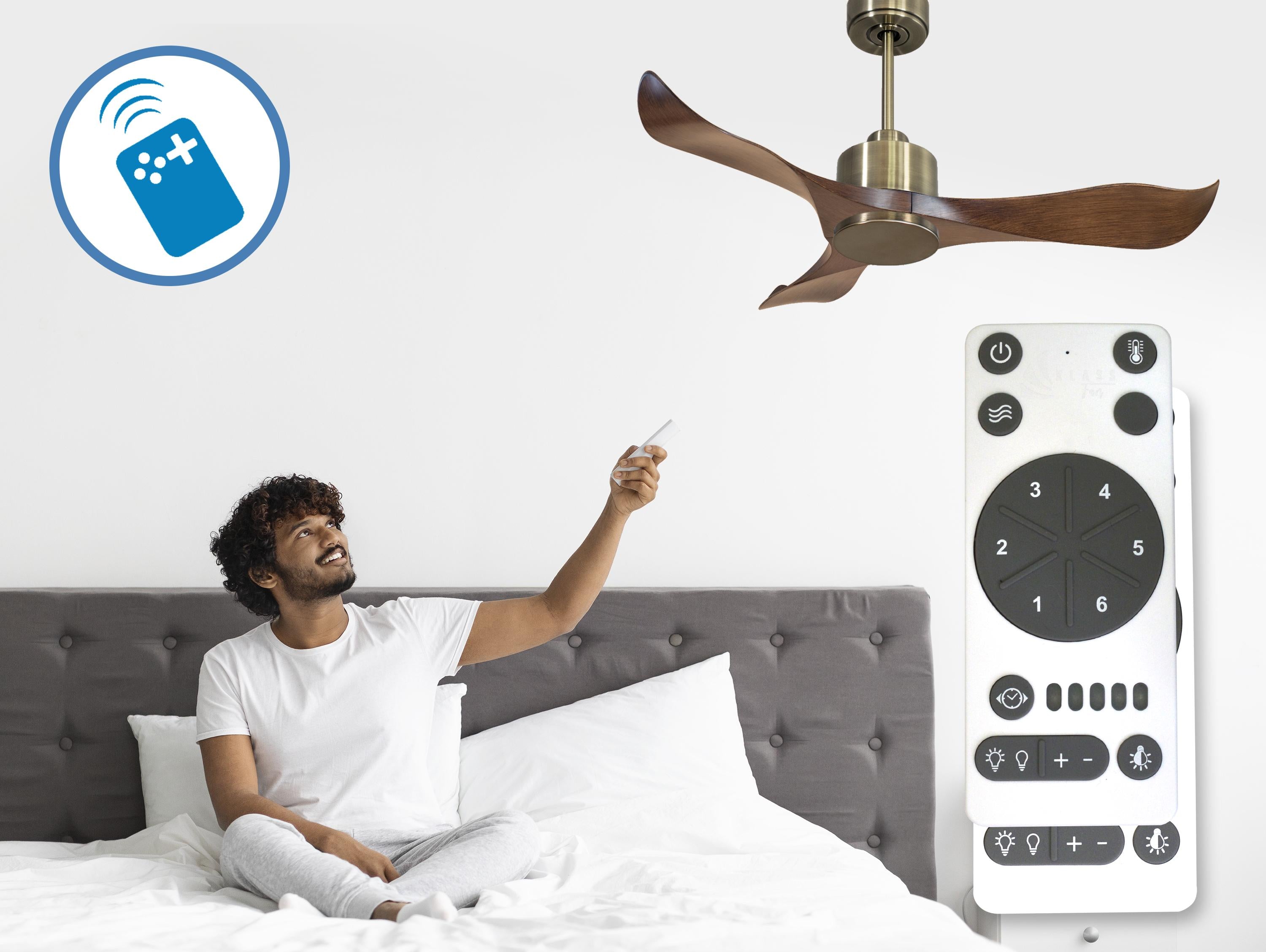 Ventilatore da soffitto Reversibile Termostato Wifi Motore CC Tetti inclinati Telecomando Adattatore 2/3 lame Hypersilence Memoria