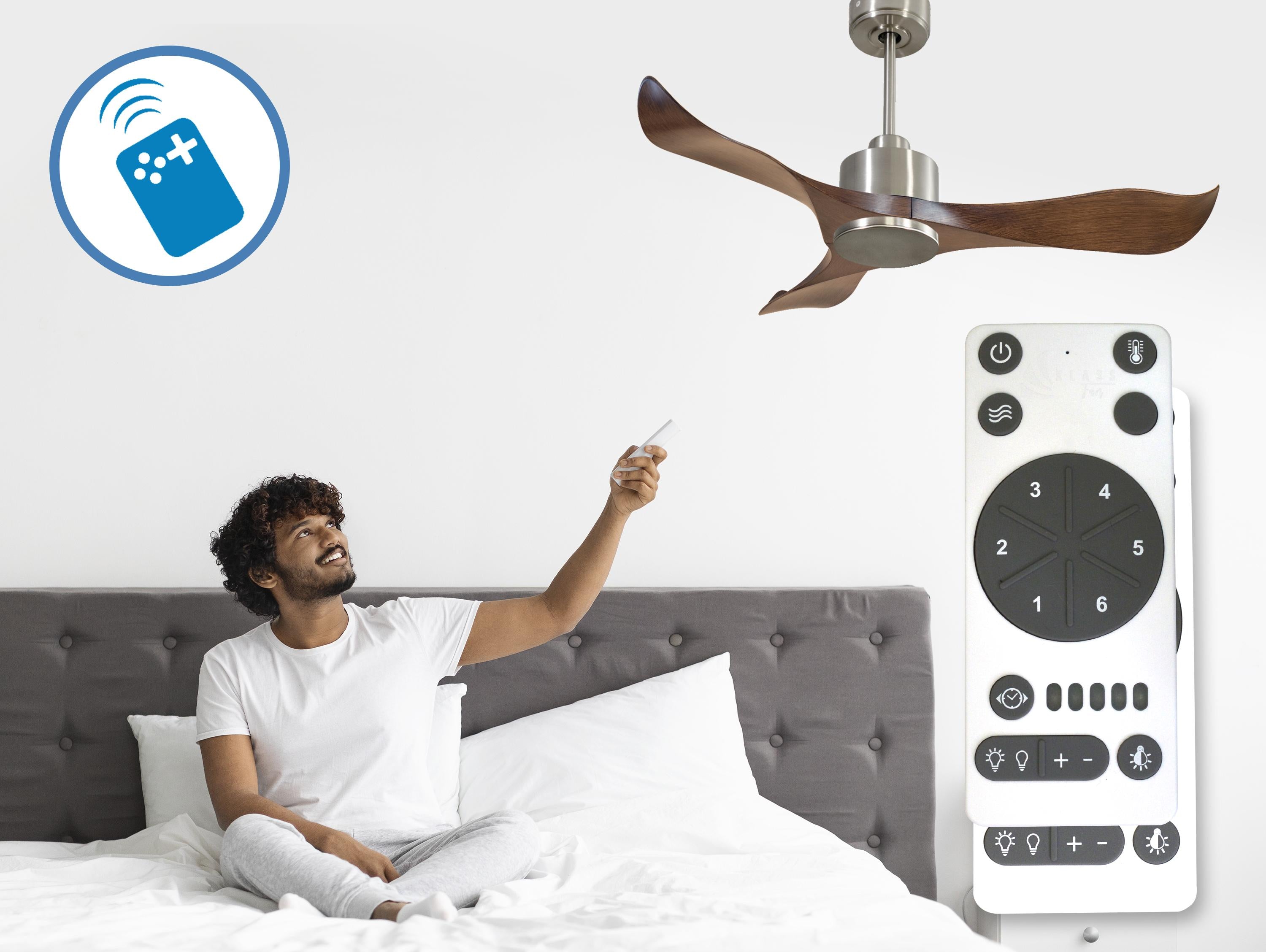 Ventilatore da soffitto Reversibile Termostato Wifi Motore CC Tetti inclinati Telecomando Adattatore 2/3 lame Hypersilence Memoria