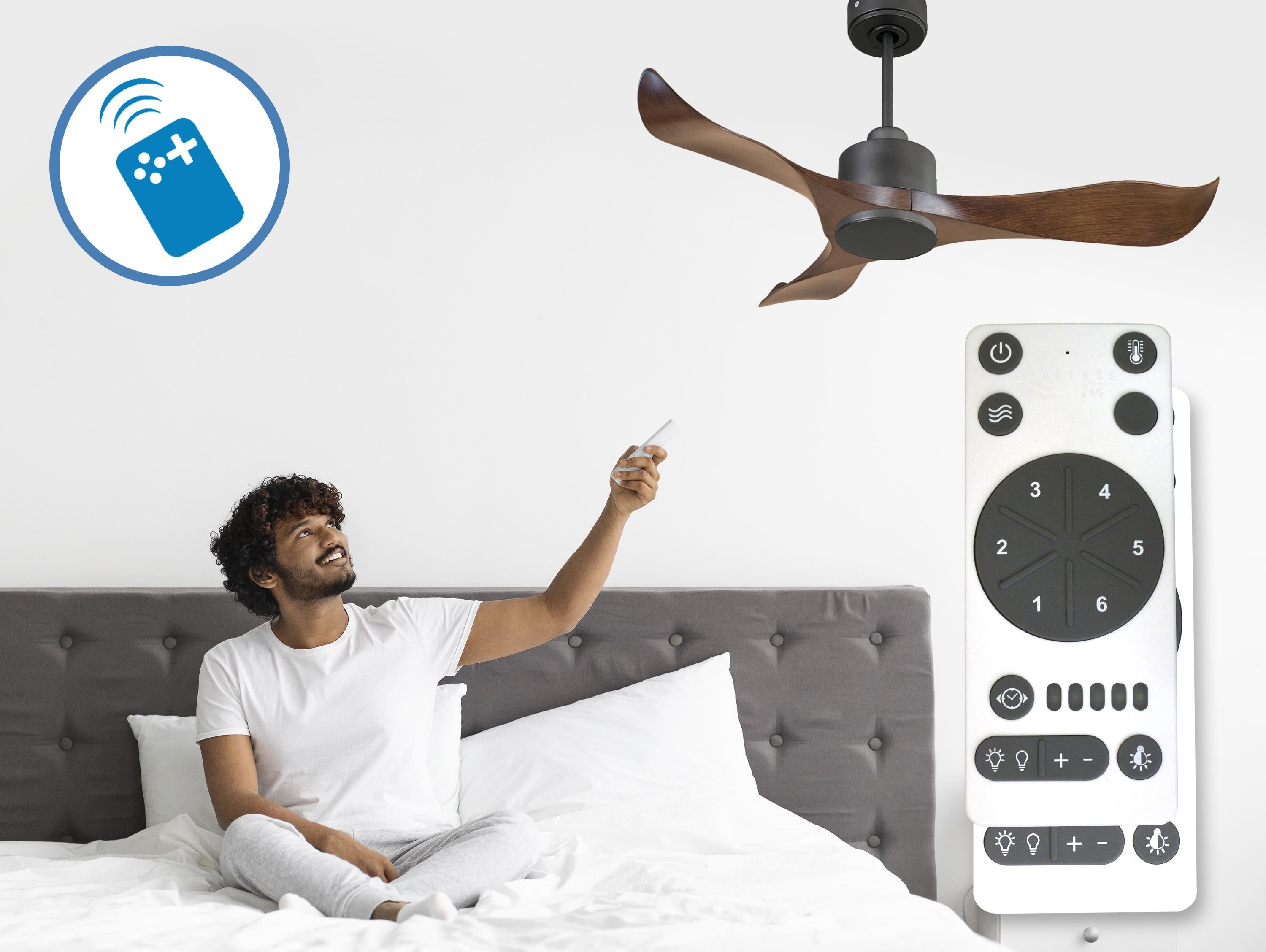 Ventilatore da soffitto Reversibile Termostato Wifi Motore CC Tetti inclinati Telecomando Adattatore 2/3 lame Hypersilence Memoria
