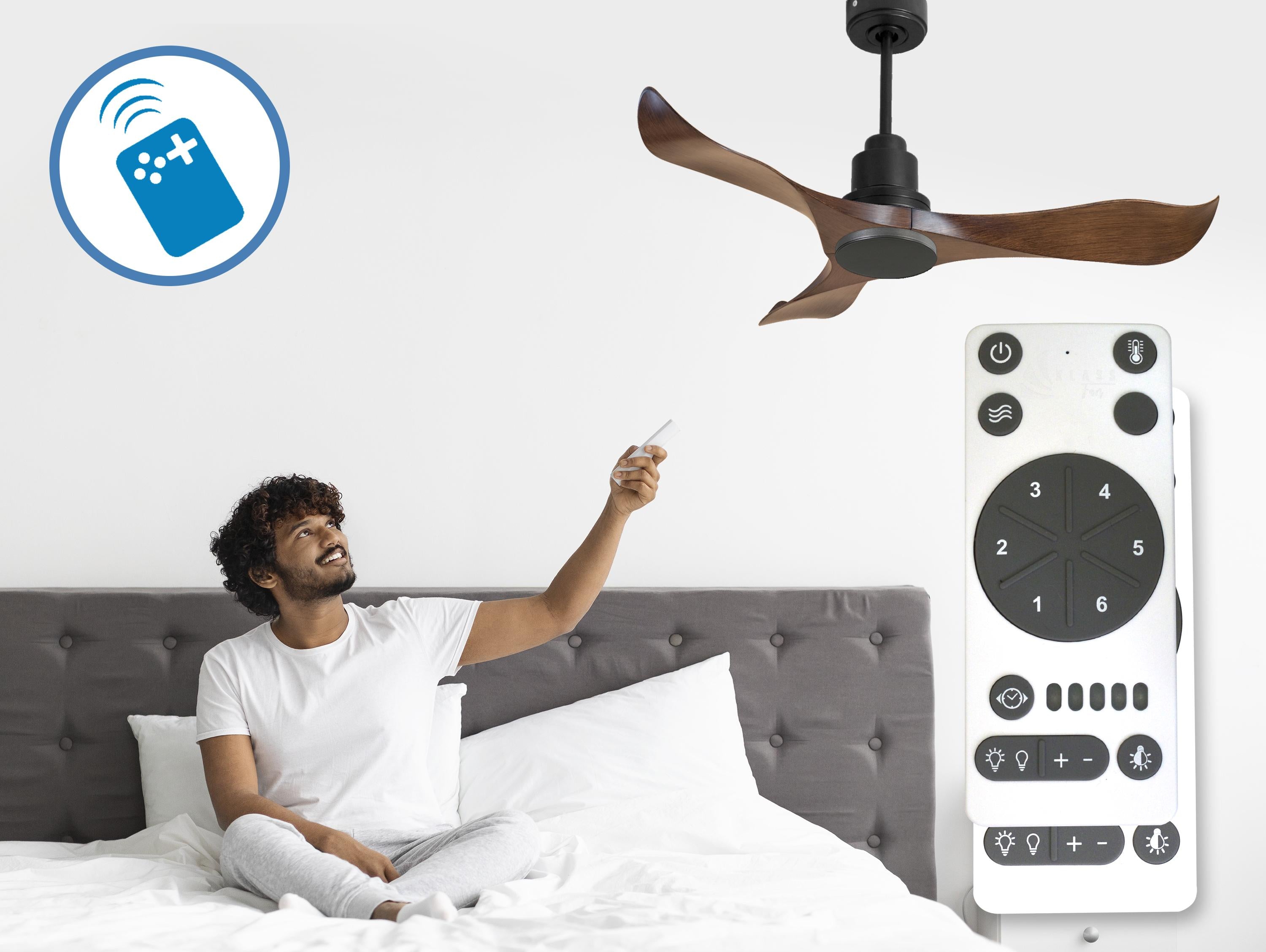 Ventilatore da soffitto Reversibile Termostato Wifi Motore CC Tetti inclinati Telecomando Adattatore 2/3 lame Hypersilence Memoria Shopify Vendible (AUTOMATICO)
