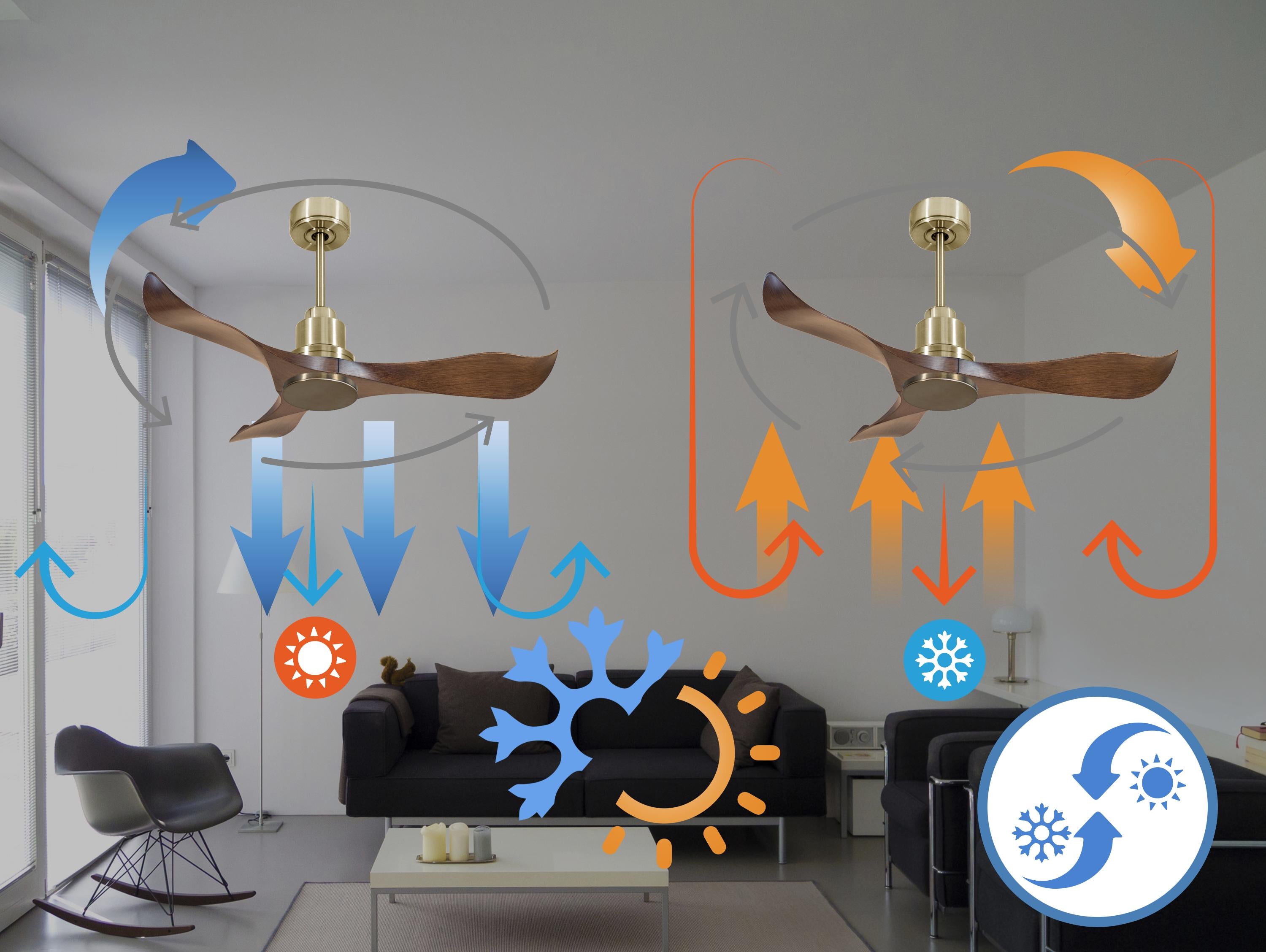 Ventilatore da soffitto Reversibile Termostato Wifi Motore CC Tetti inclinati Telecomando Adattatore 2/3 lame Hypersilence Memoria