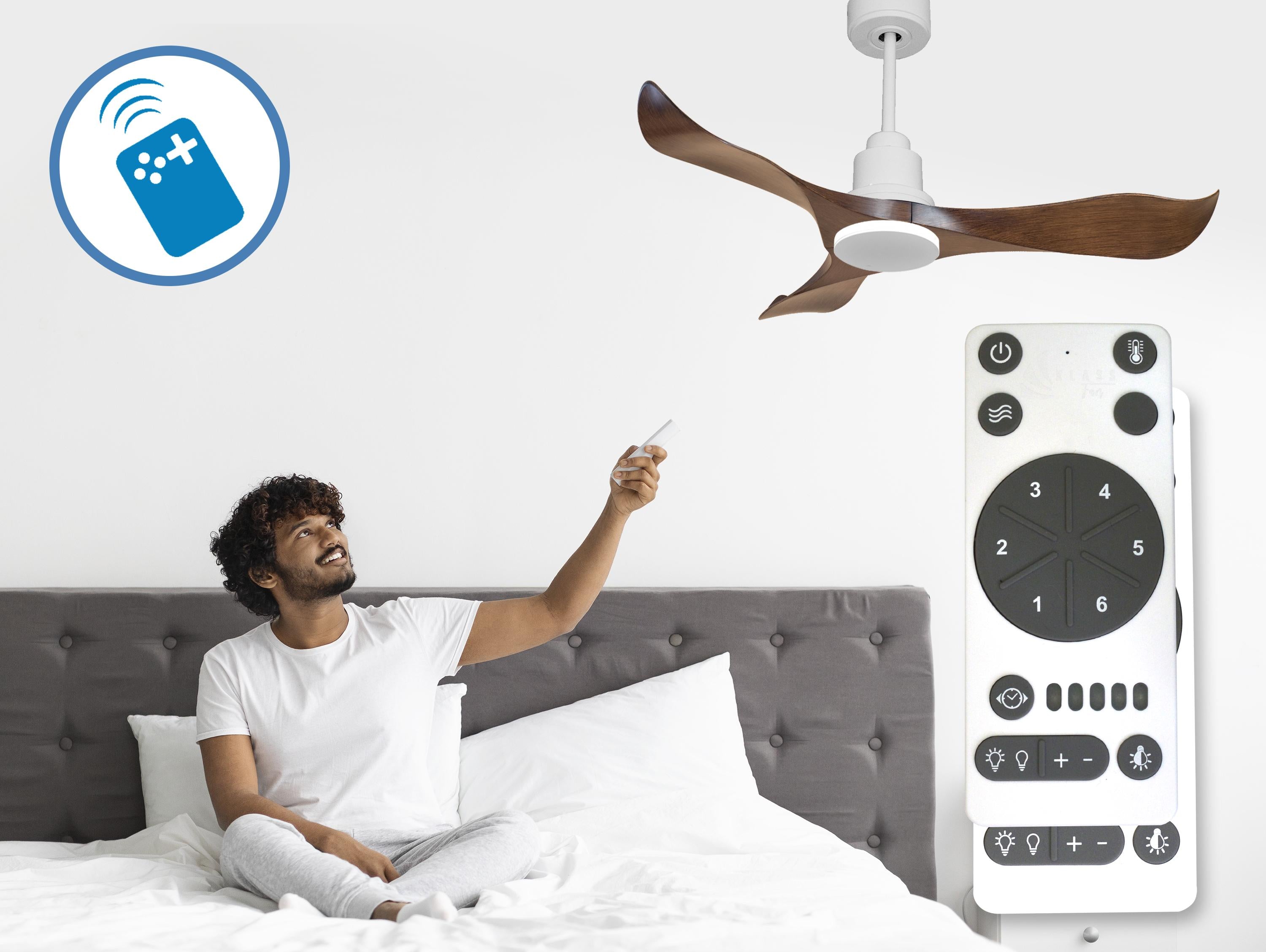 Ventilatore da soffitto Reversibile Termostato Wifi Motore CC Tetti inclinati Telecomando Adattatore 2/3 lame Hypersilence Memoria