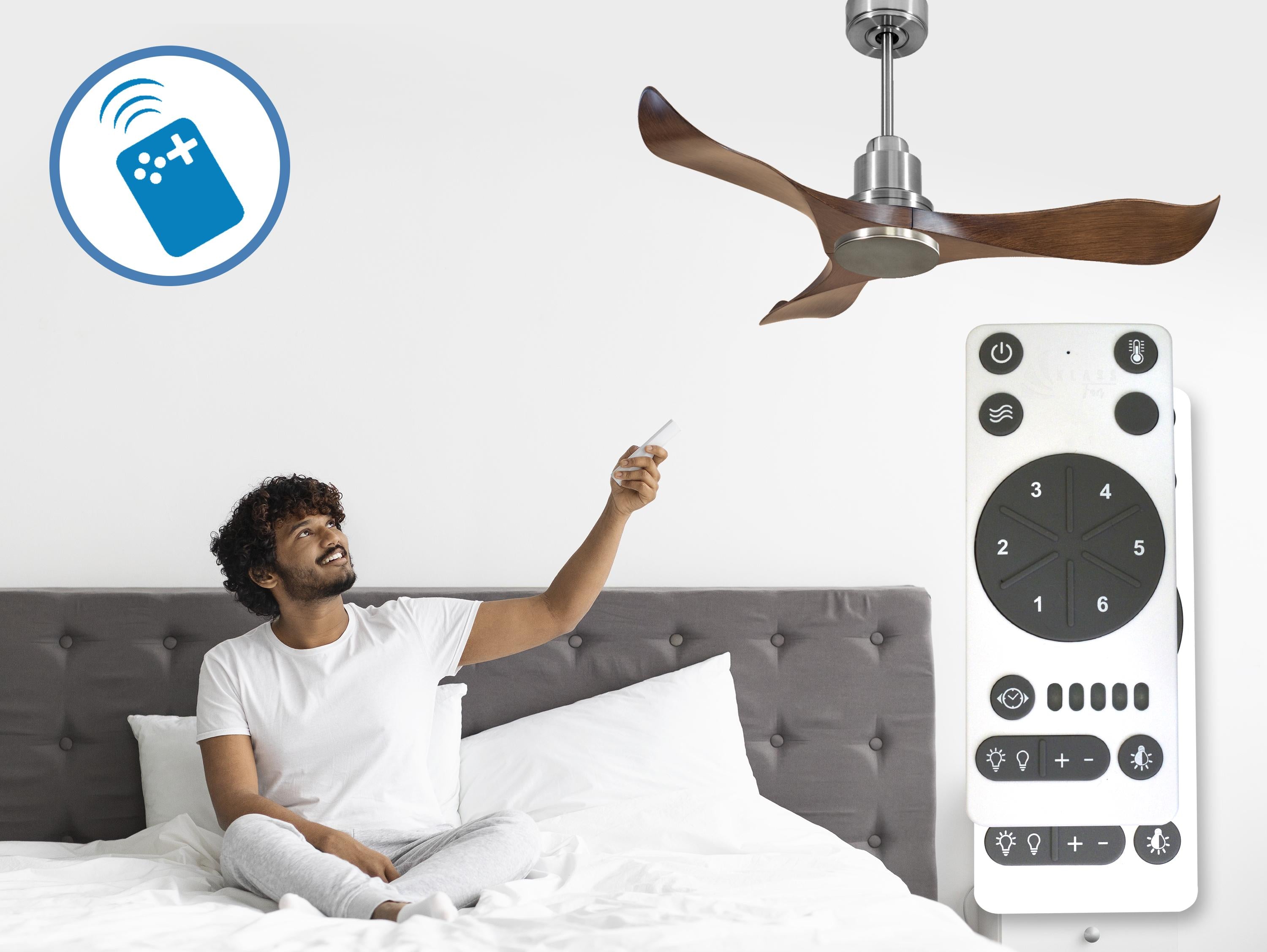 Ventilatore da soffitto Reversibile Termostato Wifi Motore CC Tetti inclinati Telecomando Adattatore 2/3 lame Hypersilence Memoria