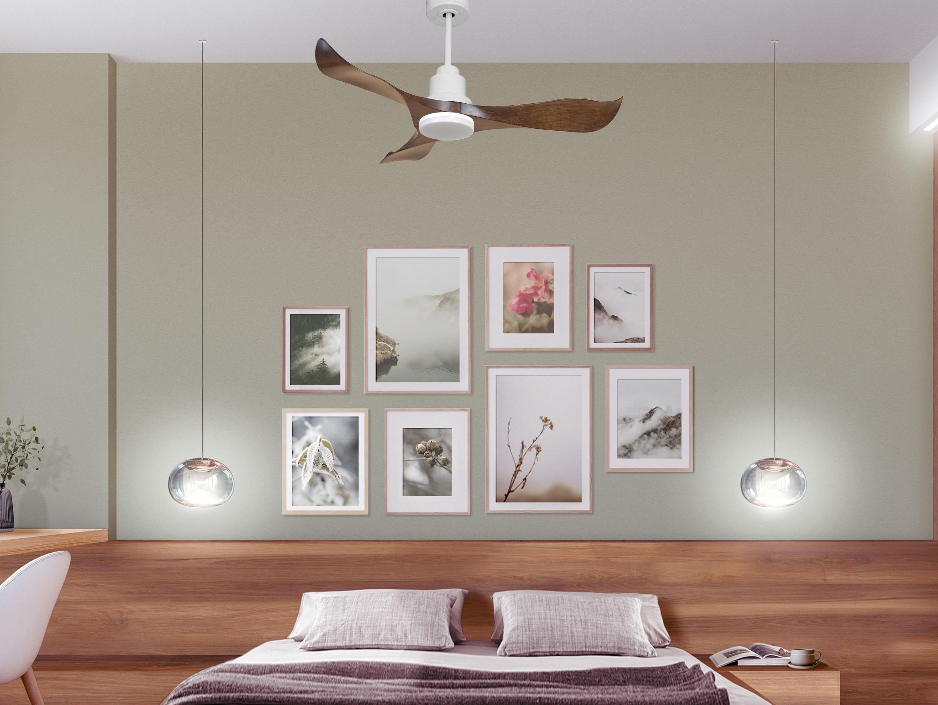 Ventilatore da soffitto Reversibile Termostato Dimmabile Wifi Motore CC Tetti inclinati Telecomando Luce a tre toni Adattatore 2/3 lame Hypersilence Memoria