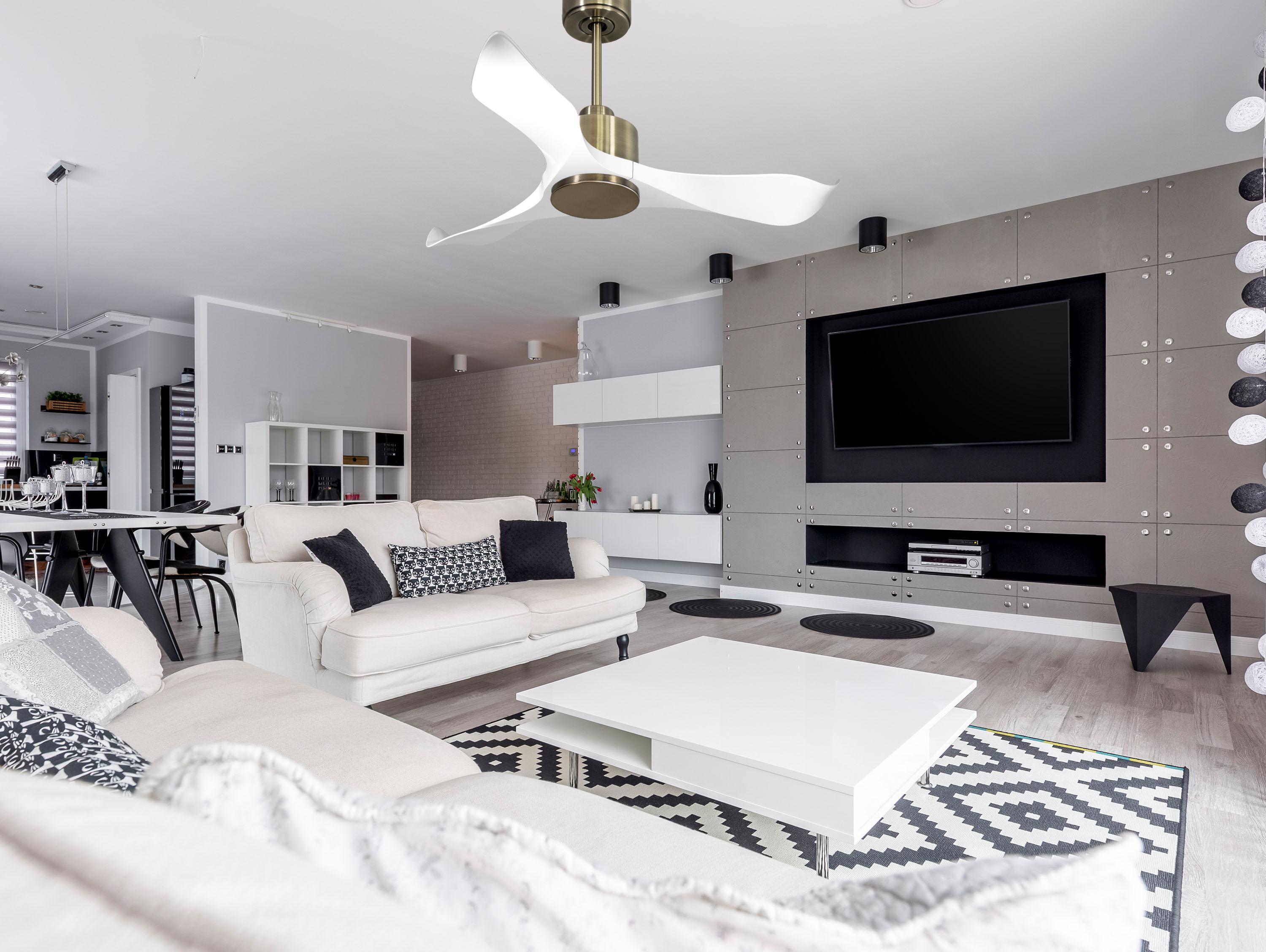 Ventilatore da soffitto Reversibile Termostato Wifi Motore CC Tetti inclinati Telecomando Adattatore 2/3 lame Hypersilence Memoria