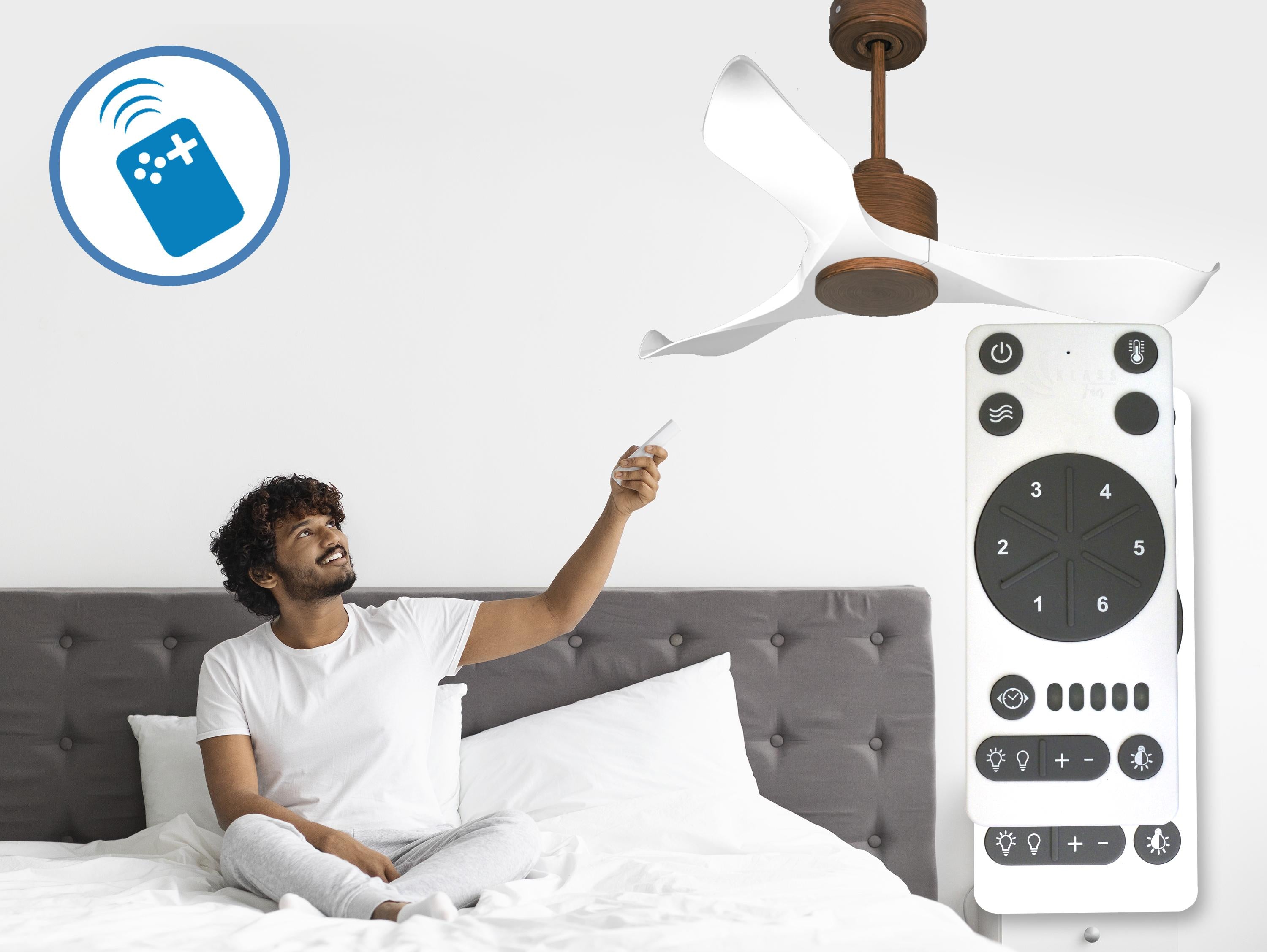 Ventilatore da soffitto Reversibile Termostato Wifi Motore CC Tetti inclinati Telecomando Adattatore 2/3 lame Hypersilence Memoria