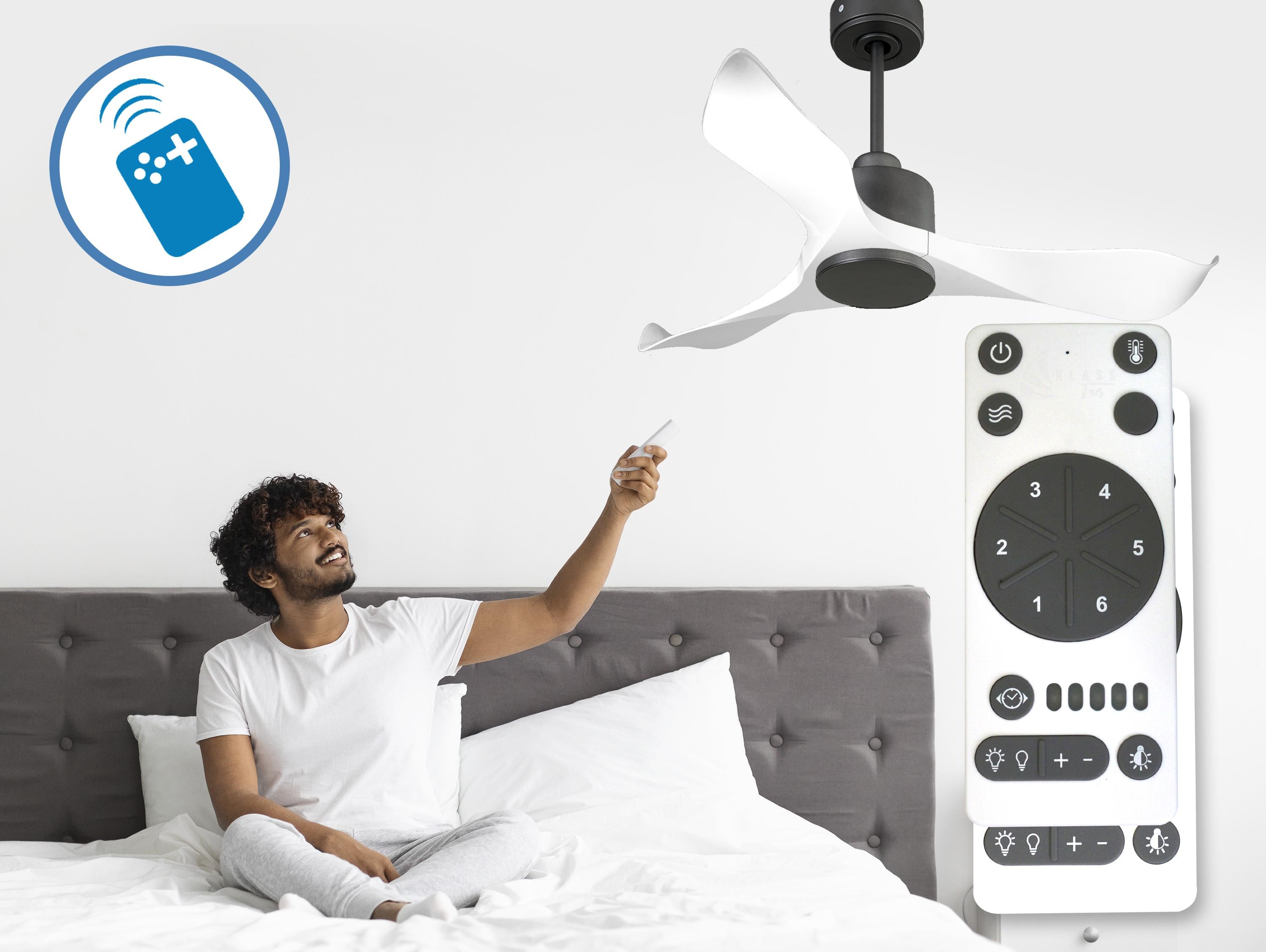 Ventilatore da soffitto Reversibile Termostato Wifi Motore CC Tetti inclinati Telecomando Adattatore 2/3 lame Hypersilence Memoria