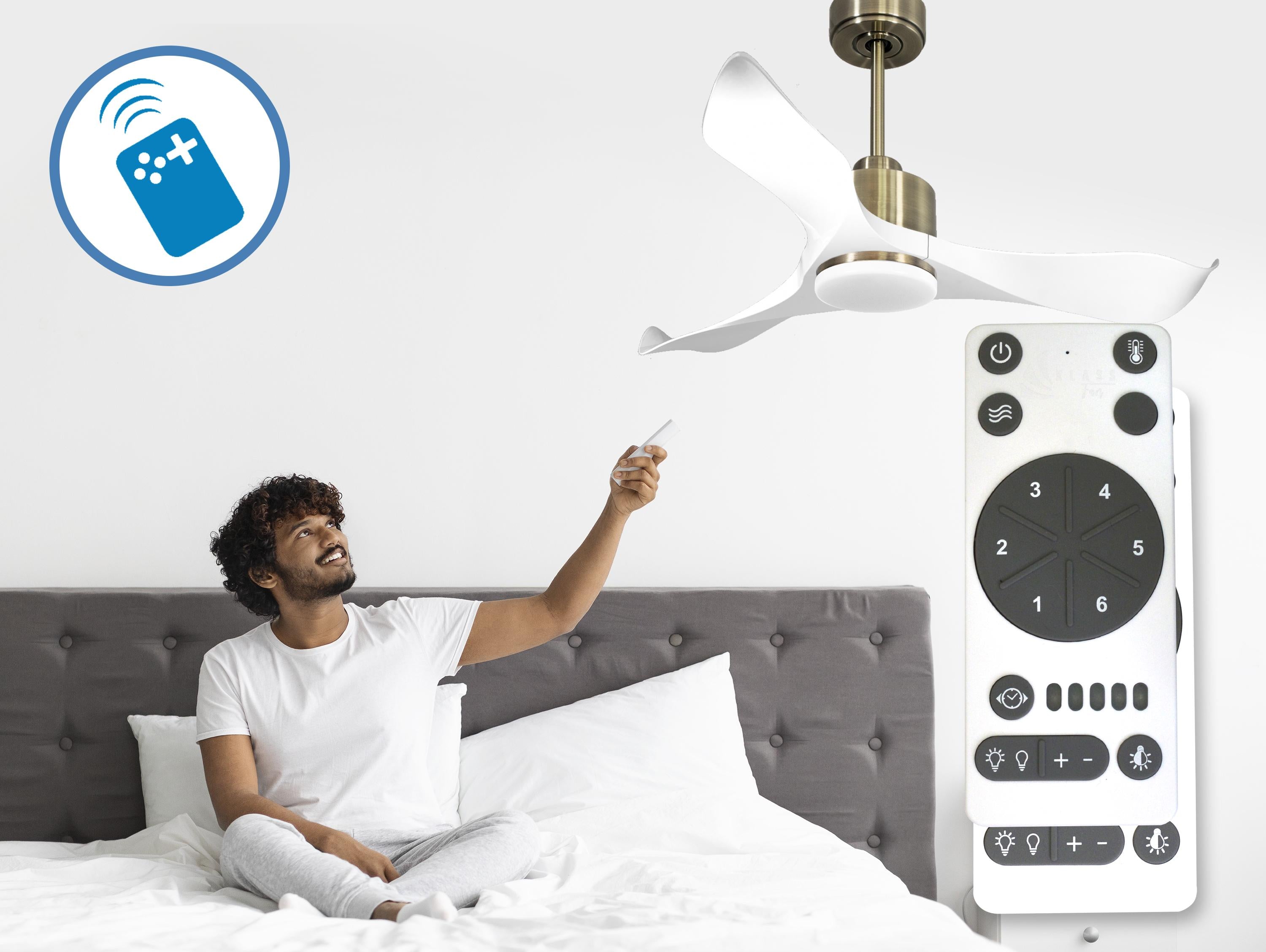 Ventilatore da soffitto Reversibile Termostato Dimmabile Wifi Motore CC Tetti inclinati Telecomando Luce a tre toni Adattatore 2/3 lame Hypersilence Memoria