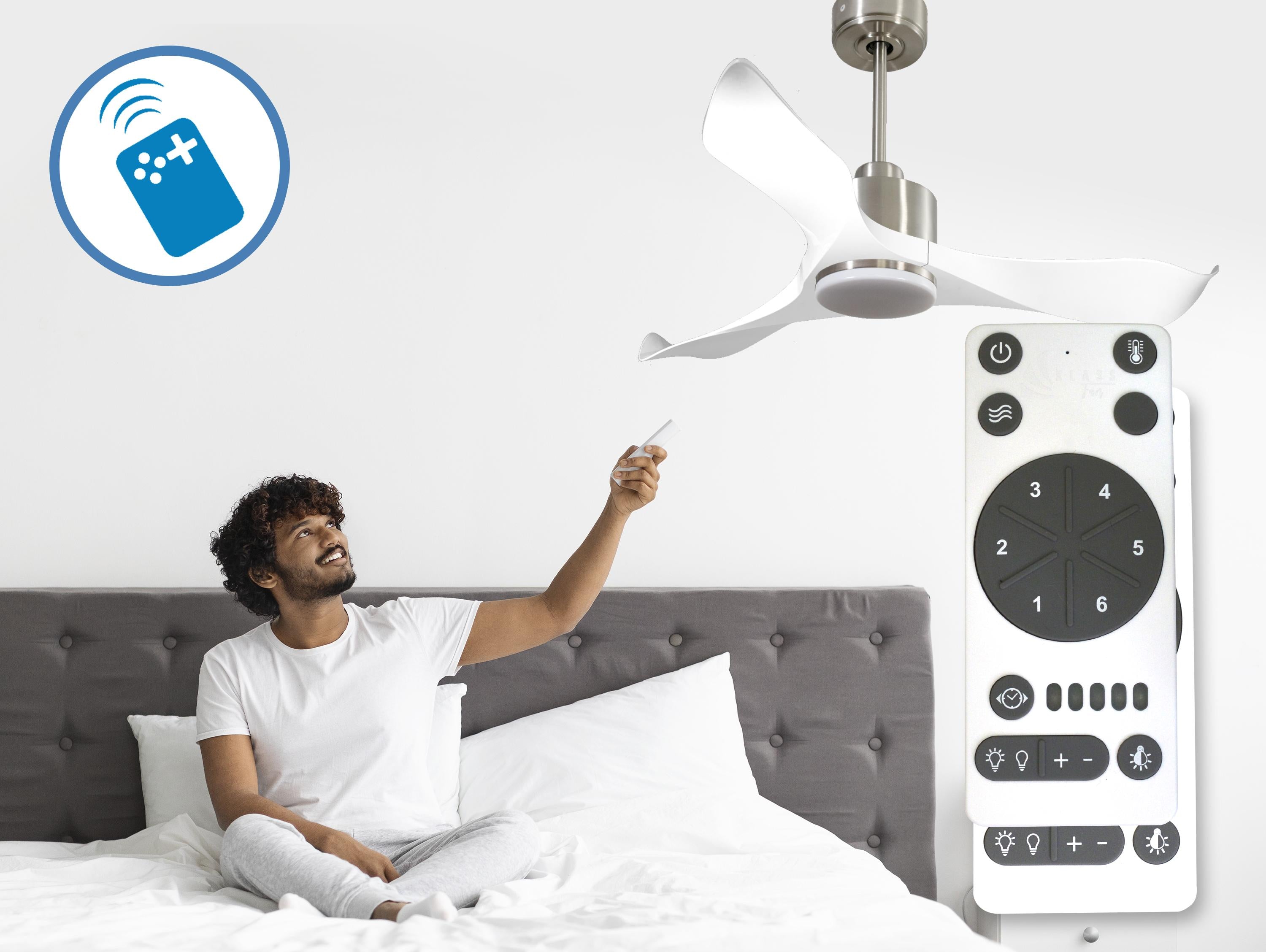 Ventilatore da soffitto Reversibile Termostato Dimmabile Wifi Motore CC Tetti inclinati Telecomando Luce a tre toni Adattatore 2/3 lame Hypersilence Memoria