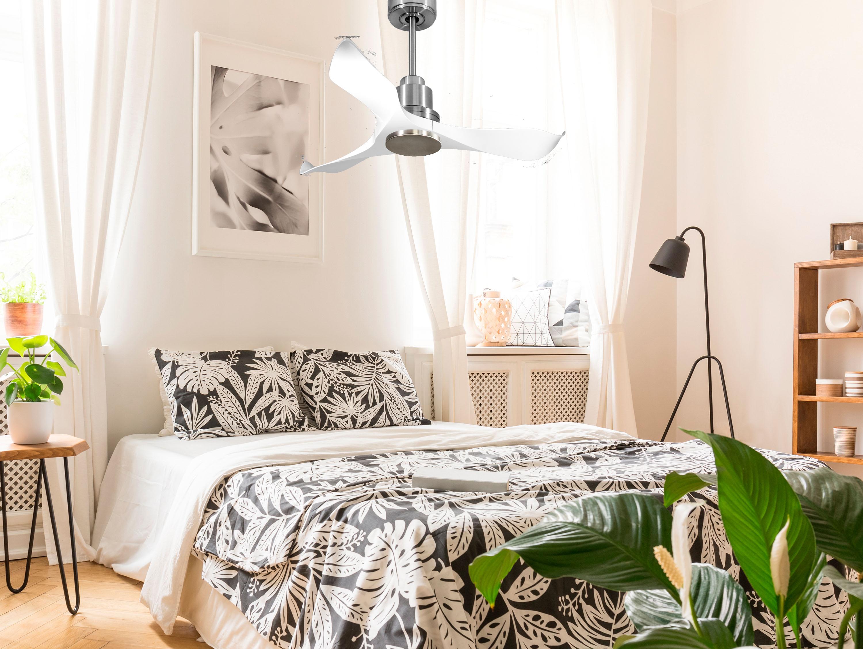 Ventilatore da soffitto Reversibile Termostato Wifi Motore CC Tetti inclinati Telecomando Adattatore 2/3 lame Hypersilence Memoria Shopify Vendible (AUTOMATICO)