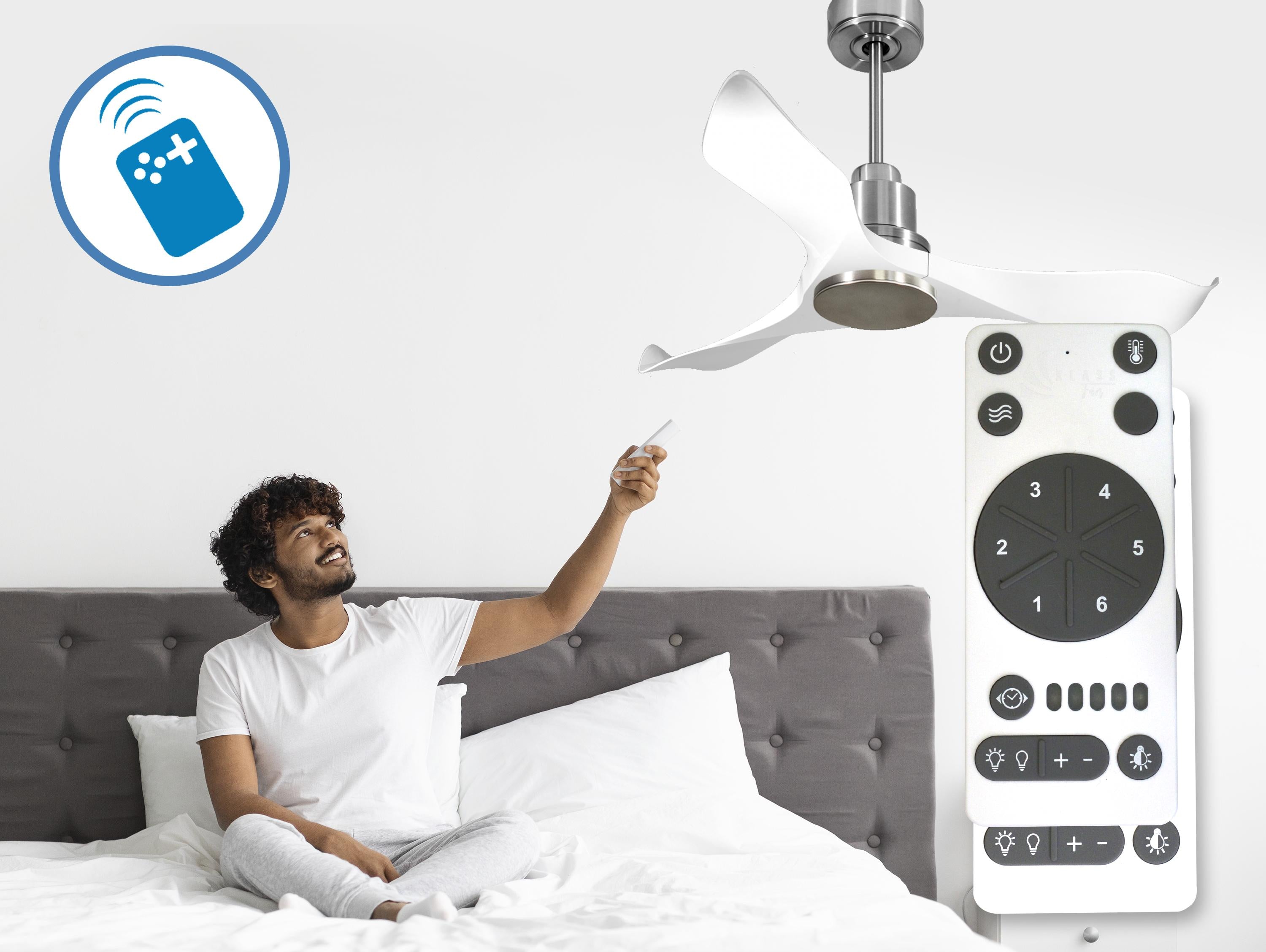 Ventilatore da soffitto Reversibile Termostato Wifi Motore CC Tetti inclinati Telecomando Adattatore 2/3 lame Hypersilence Memoria Shopify Vendible (AUTOMATICO)