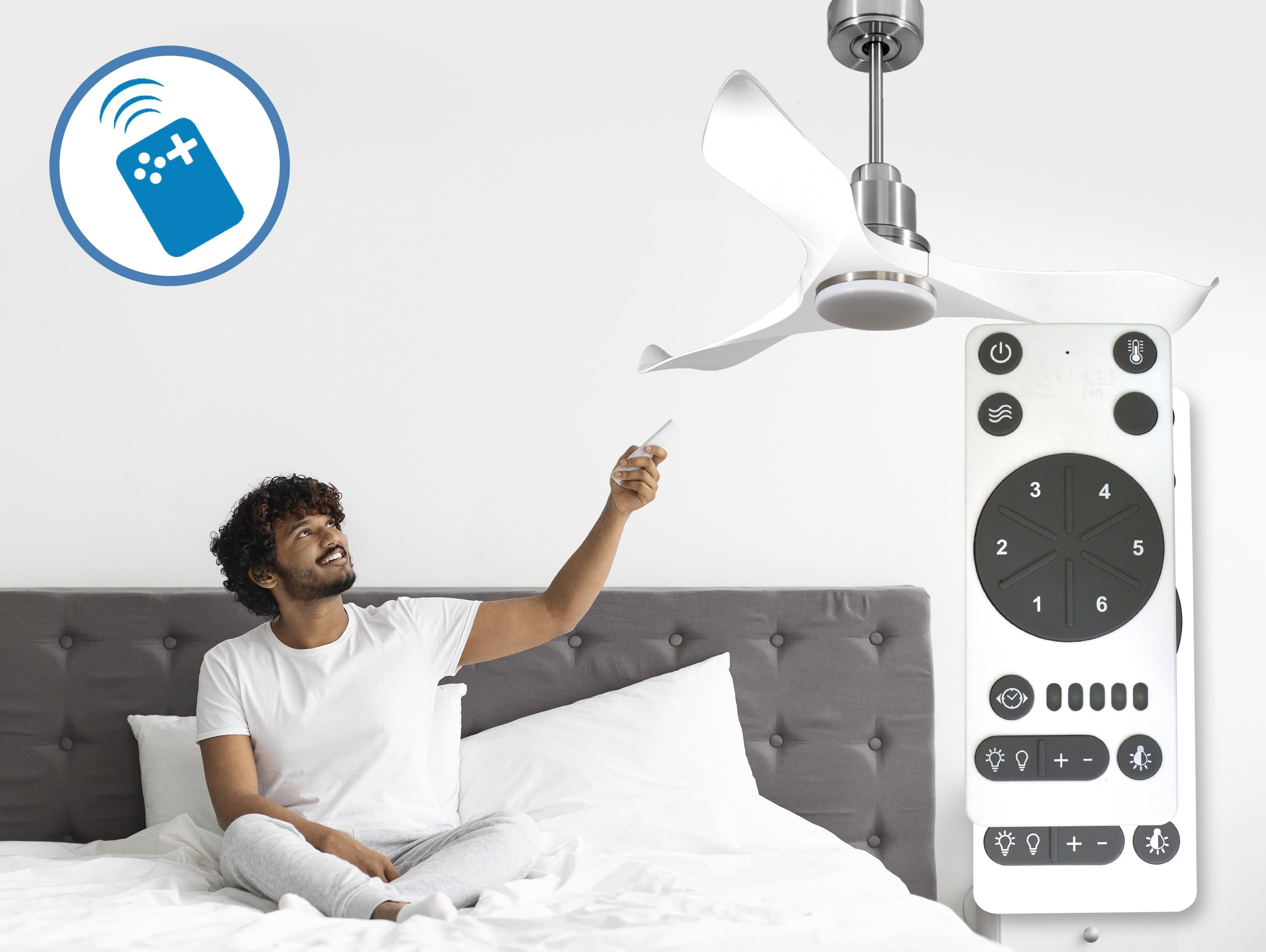 Ventilatore da soffitto Reversibile Termostato Dimmabile Wifi Motore CC Tetti inclinati Telecomando Luce a tre toni Adattatore 2/3 lame Hypersilence Memoria