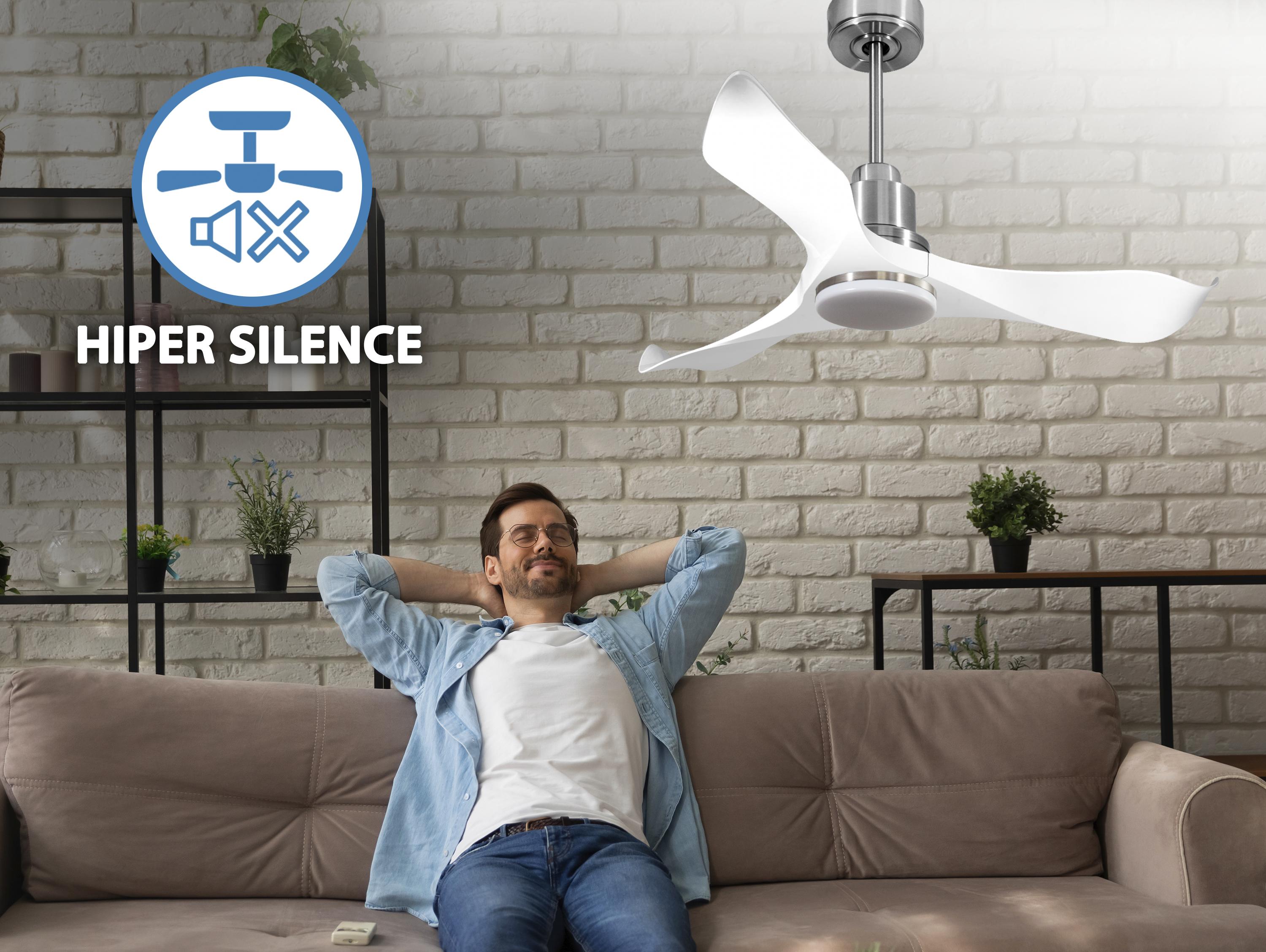 Ventilatore da soffitto Reversibile Termostato Dimmabile Wifi Motore CC Tetti inclinati Telecomando Luce a tre toni Adattatore 2/3 lame Hypersilence Memoria