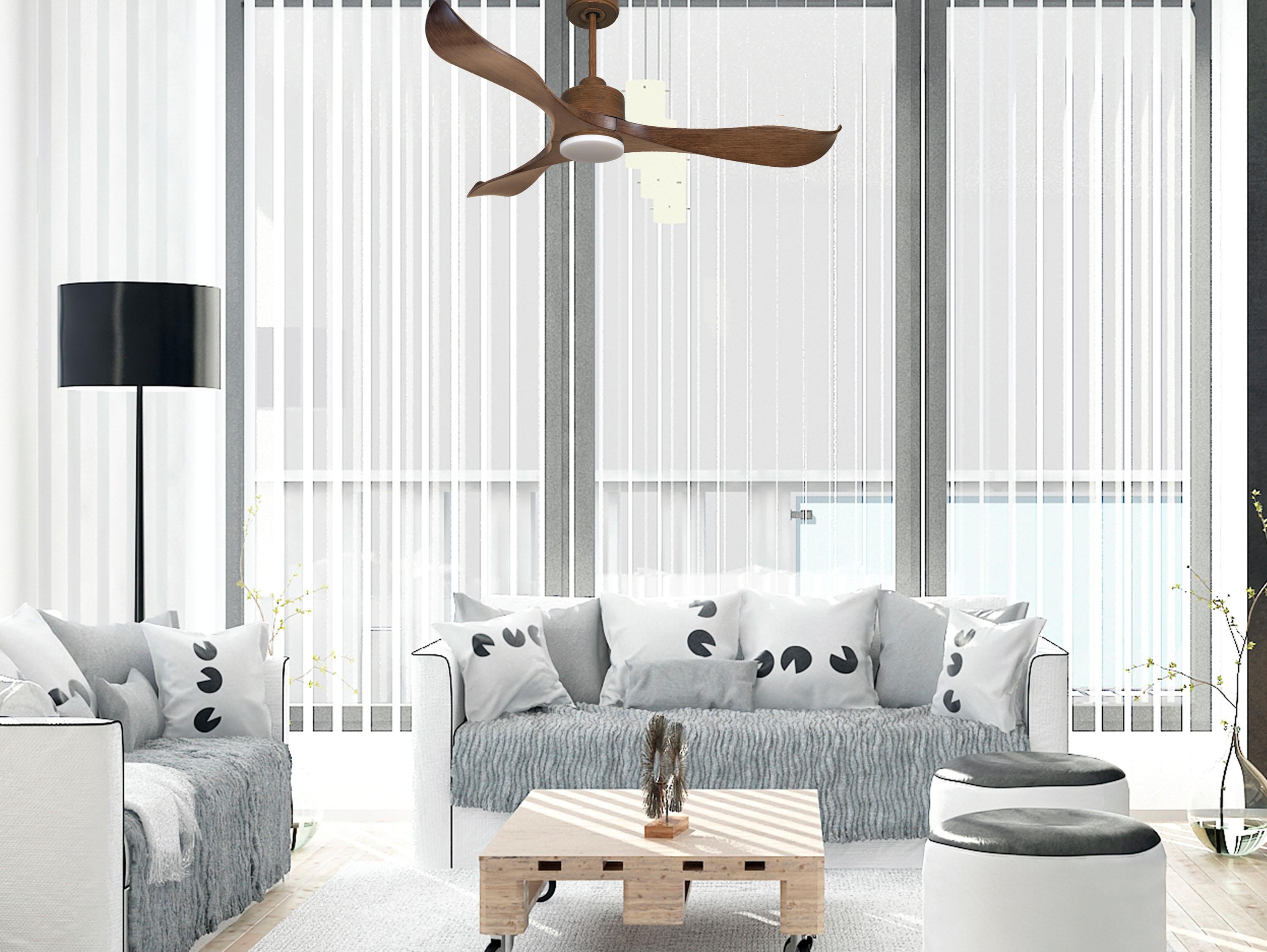 Ventilatore da soffitto Reversibile Termostato Dimmabile Wifi Motore CC Tetti inclinati Telecomando Luce a tre toni Adattatore 2/3 lame Hypersilence Memoria