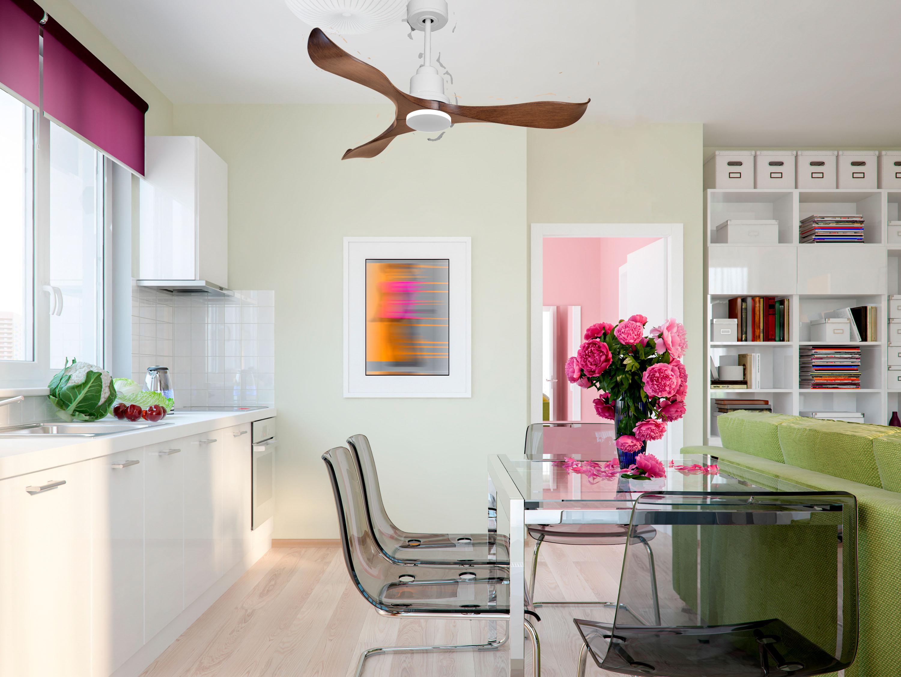 Ventilatore da soffitto Reversibile Termostato Wifi Motore CC Tetti inclinati Telecomando Adattatore 2/3 lame Hypersilence Memoria Shopify Vendible (AUTOMATICO)