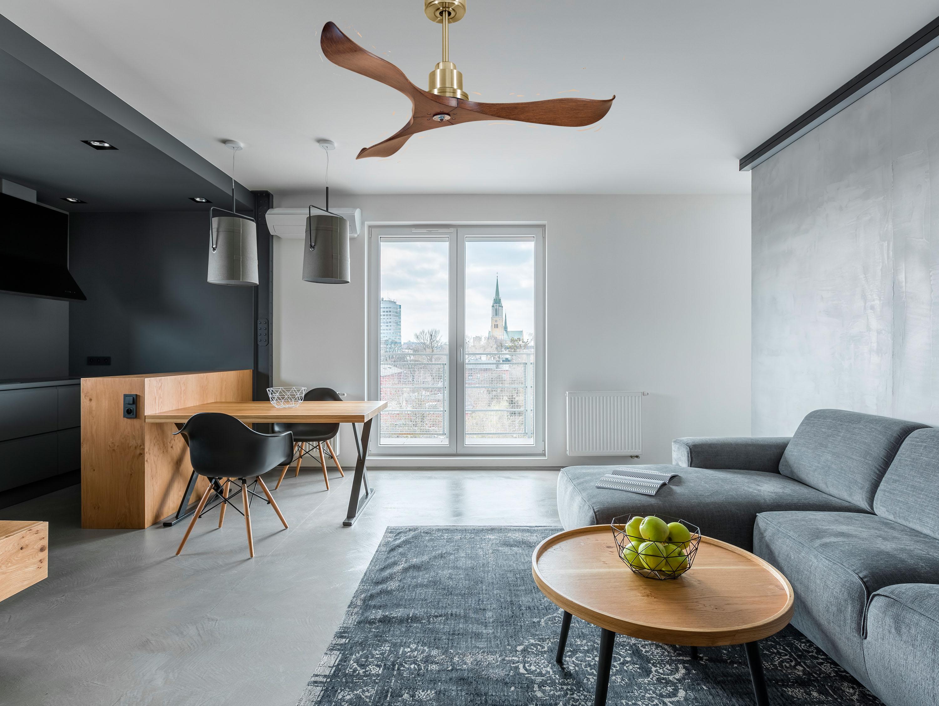 Ventilatore da soffitto Reversibile Termostato Dimmabile Wifi Motore CC Tetti inclinati Telecomando Luce a tre toni Adattatore 2/3 lame Hypersilence Memoria