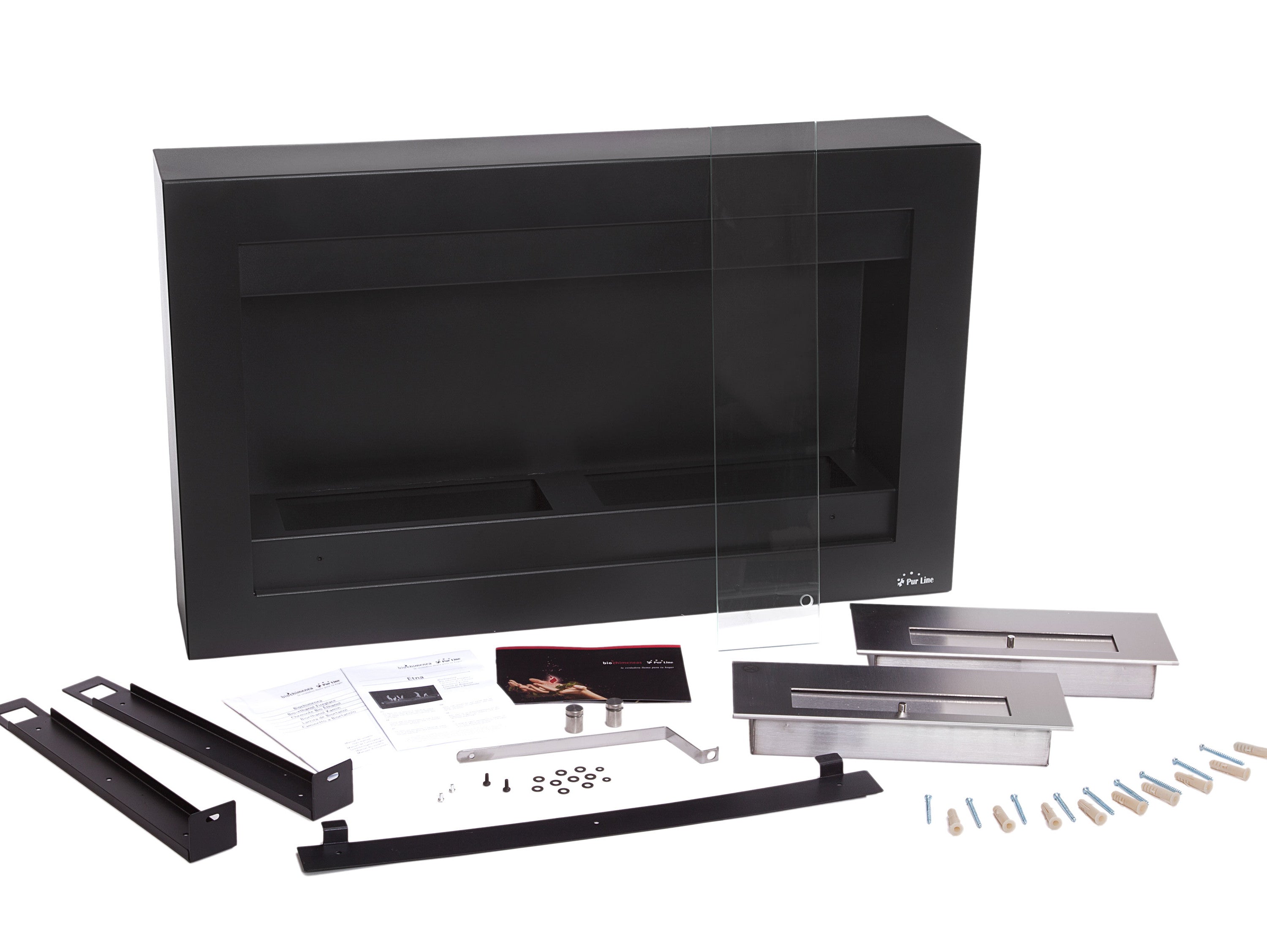 Camino a etanolo da parete nero con vetro temperato e 2 fiamme