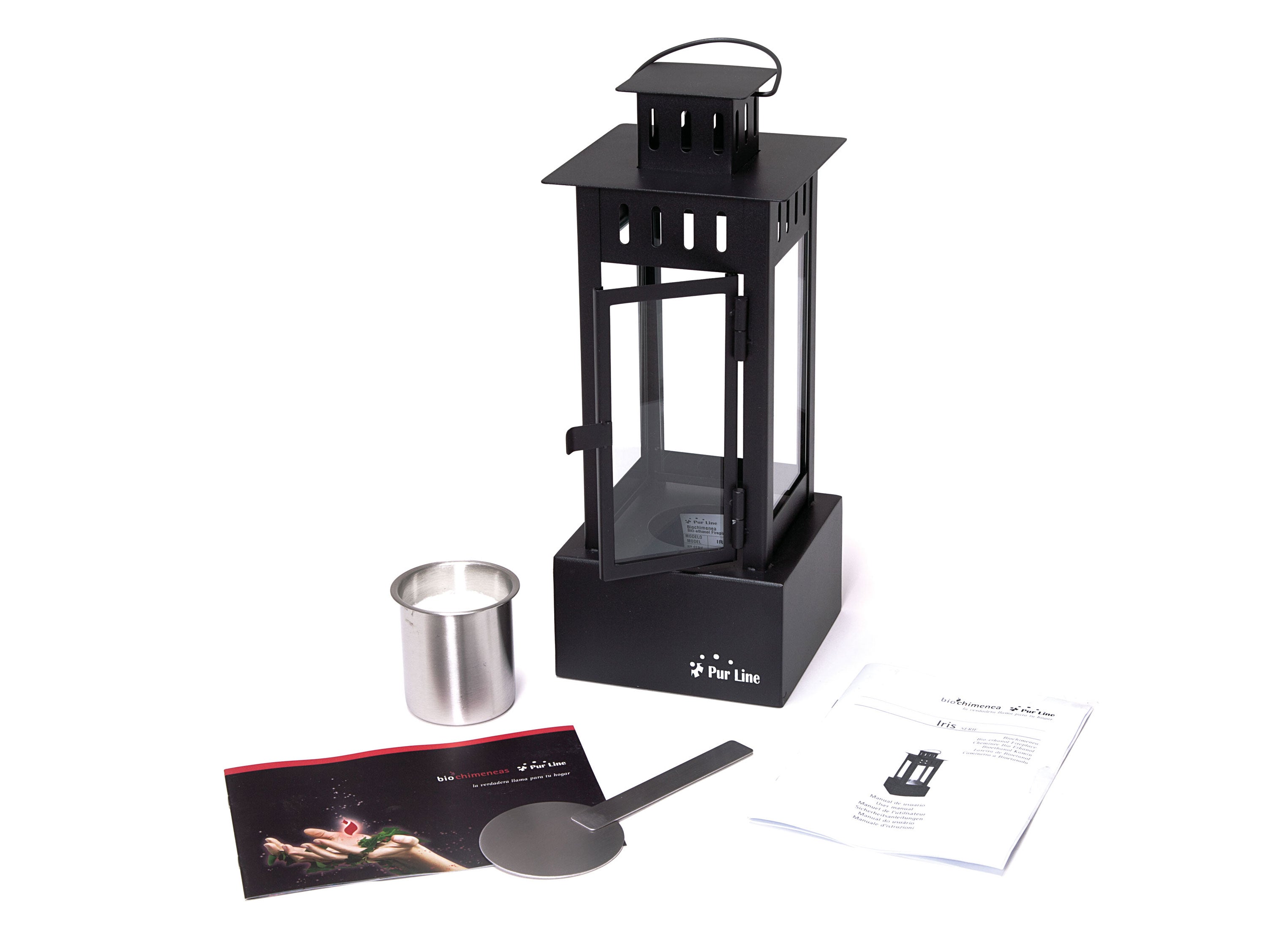 Potenza massima 1000 W Camino a etanolo con forma di lanterna in acciaio inox nero