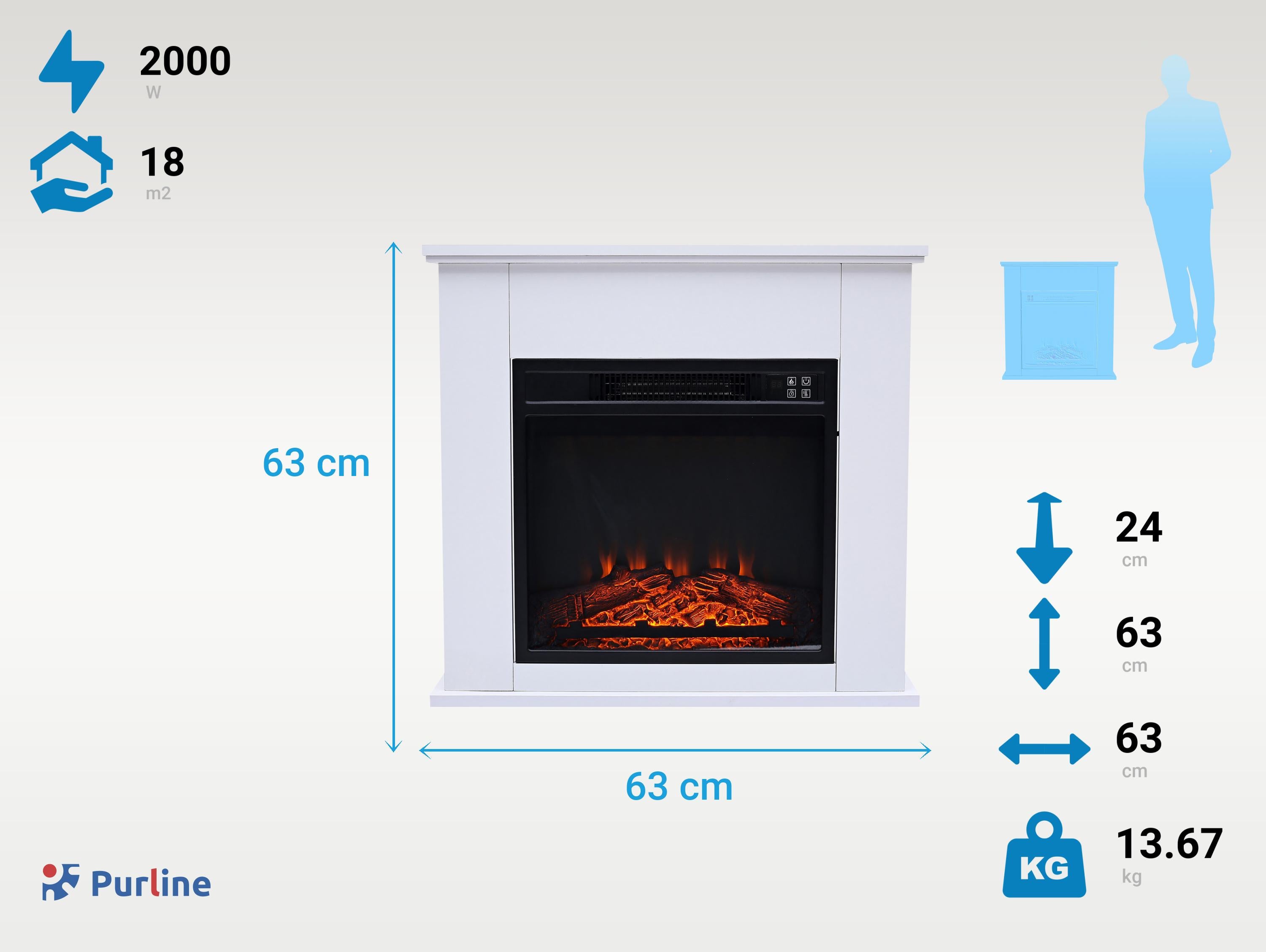 Caminetto elettrico a pavimento 2kW in acciaio laccato bianco con telecomando