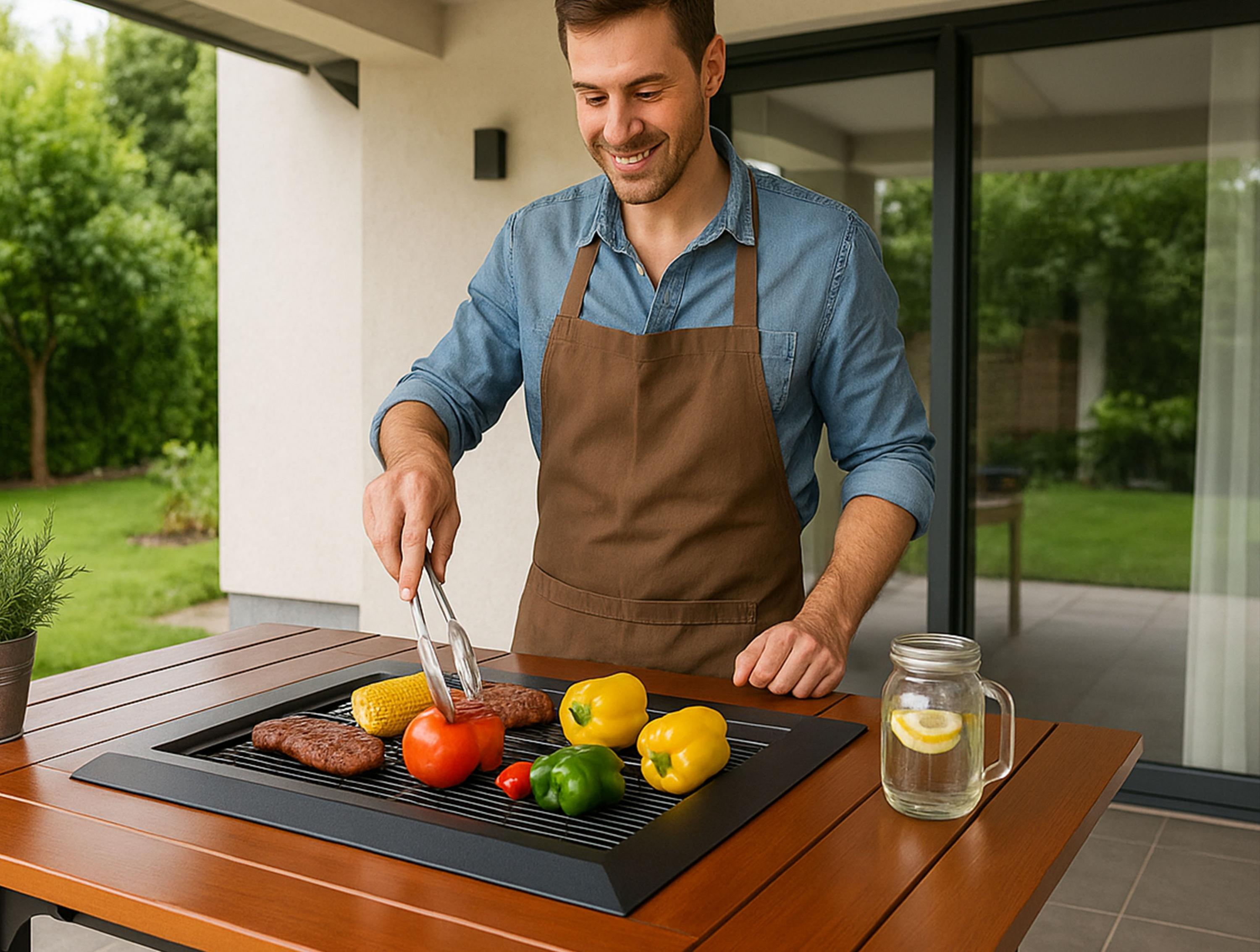 Superficie di cottura 38 cm Tavolo da barbecue con griglia e piano in legno