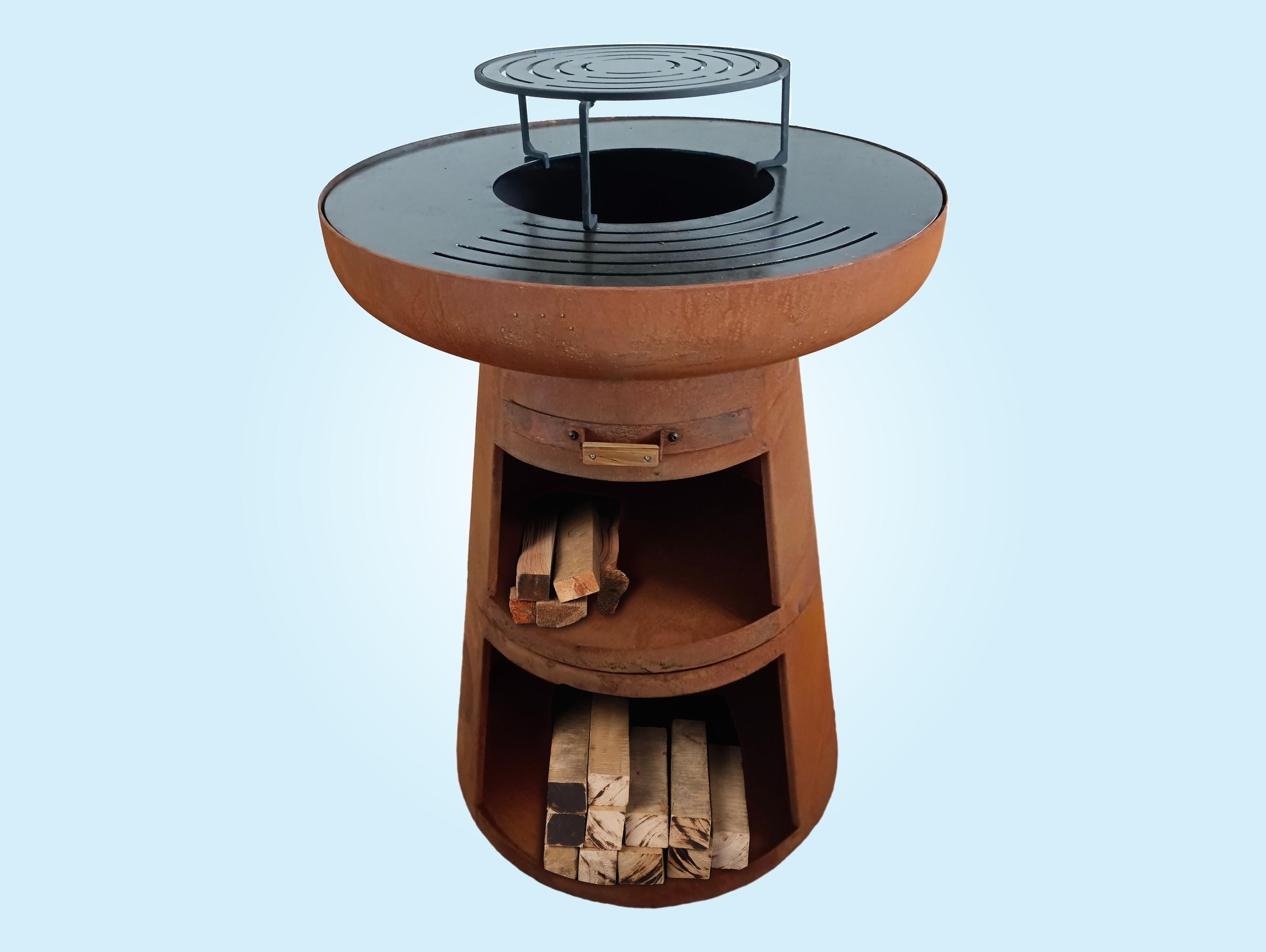 Barbecue rotondo con piastra rotonda in acciaio e griglia in acciaio corten