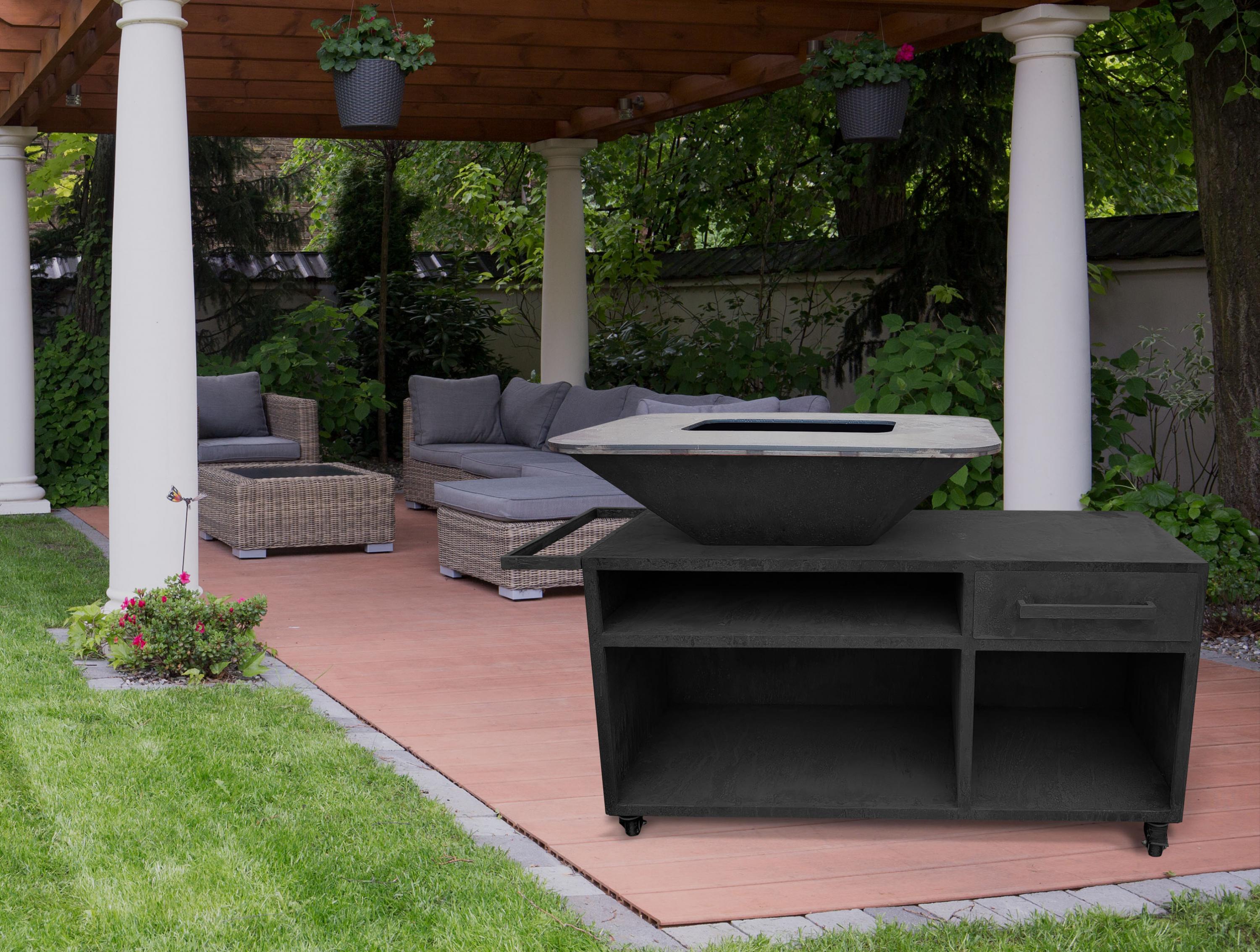 Grande barbecue con mobile in acciaio nero con piastra e griglia in acciaio