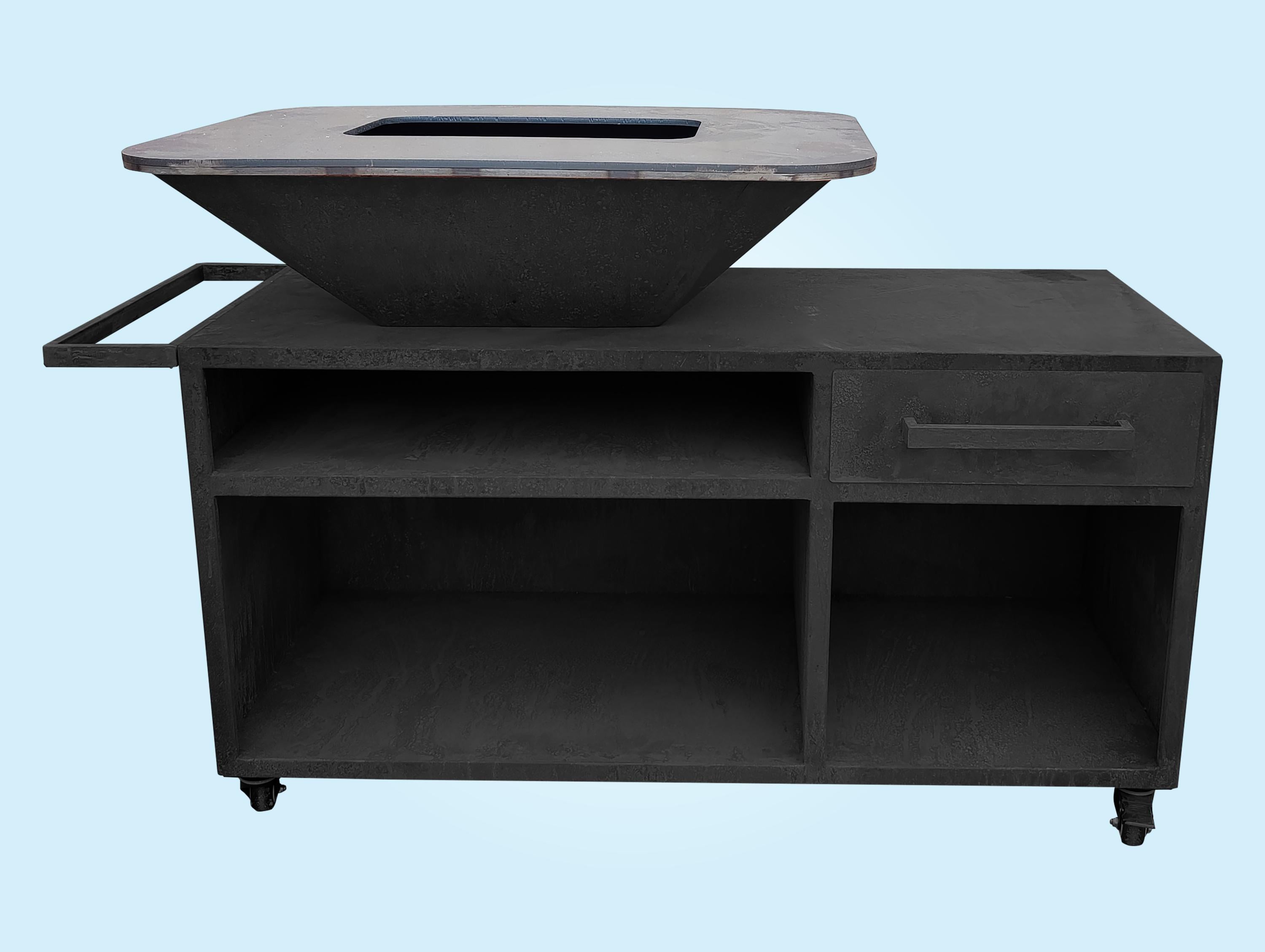 Grande barbecue con mobile in acciaio nero con piastra e griglia in acciaio