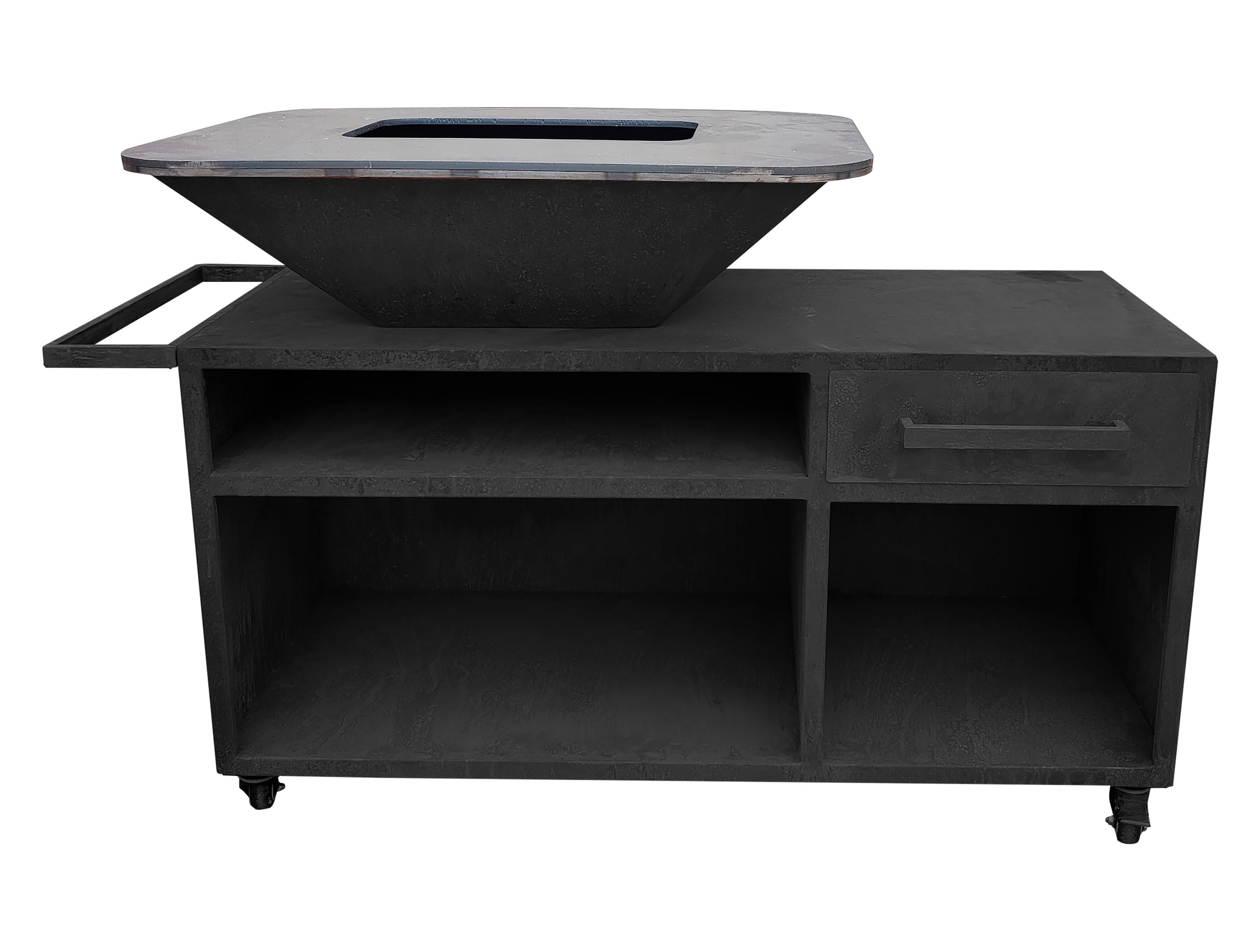 Grande barbecue con mobile in acciaio nero con piastra e griglia in acciaio
