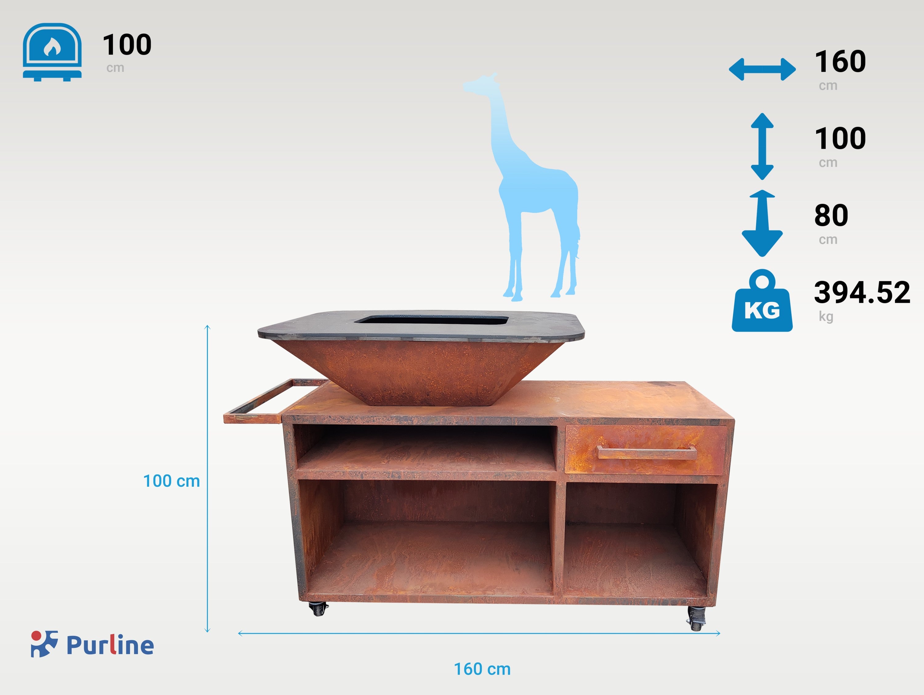 Grande barbecue con mobile in acciaio corten con piastra e griglia in acciaio