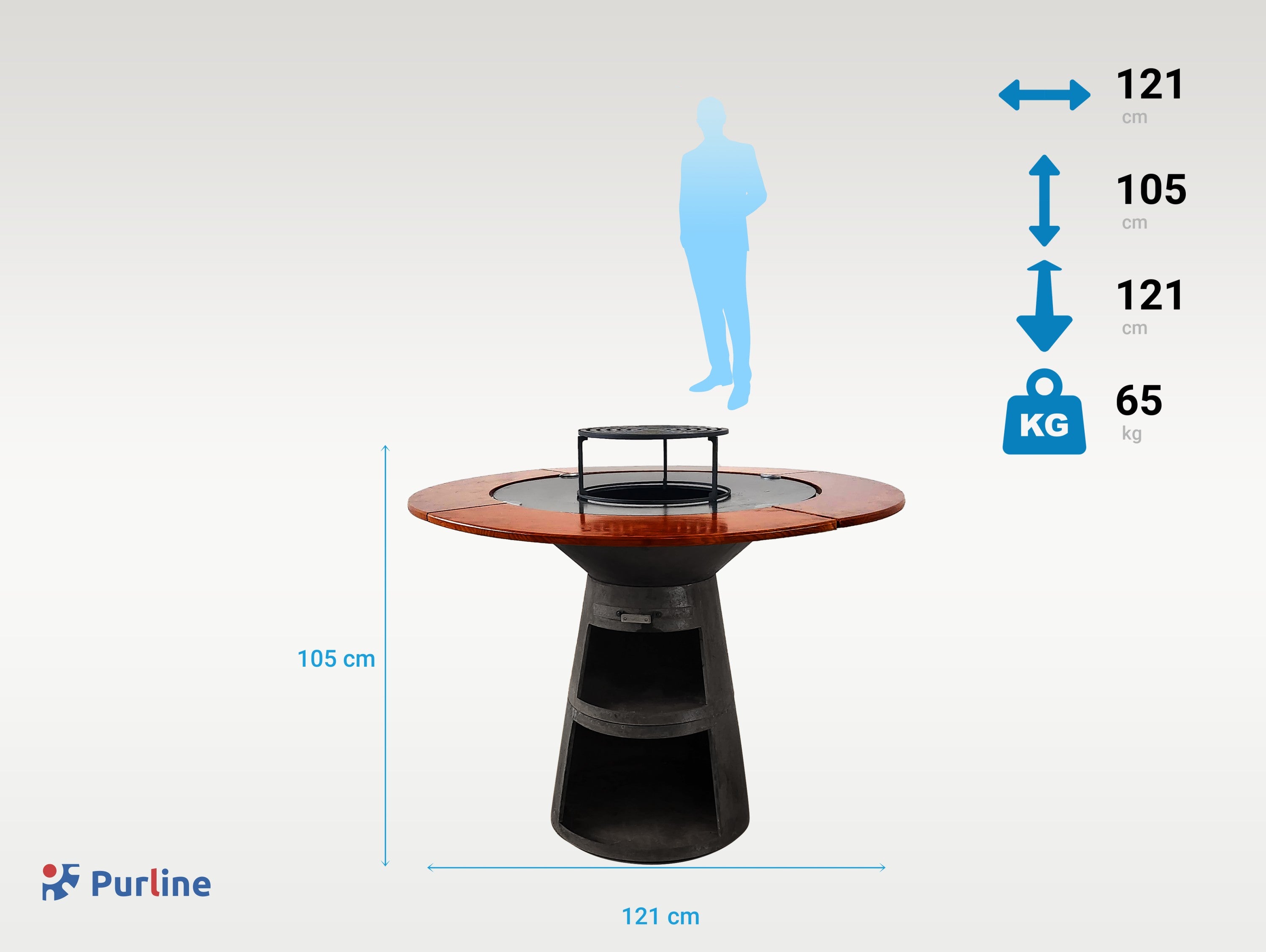 Barbecue rotondo con piastra e griglia in acciaio e piano in legno