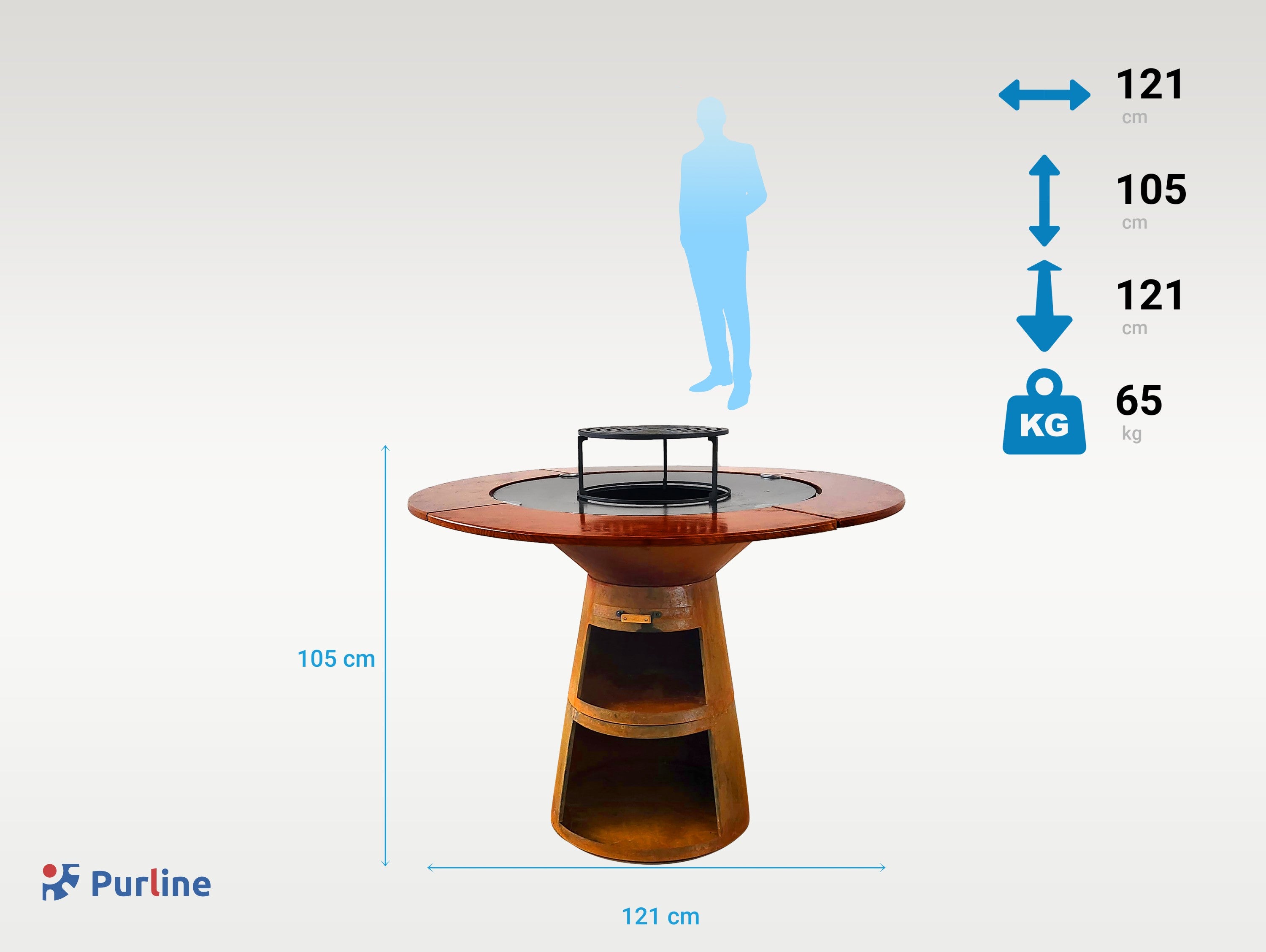 Barbecue rotondo con piastra e griglia in acciaio e piano in legno