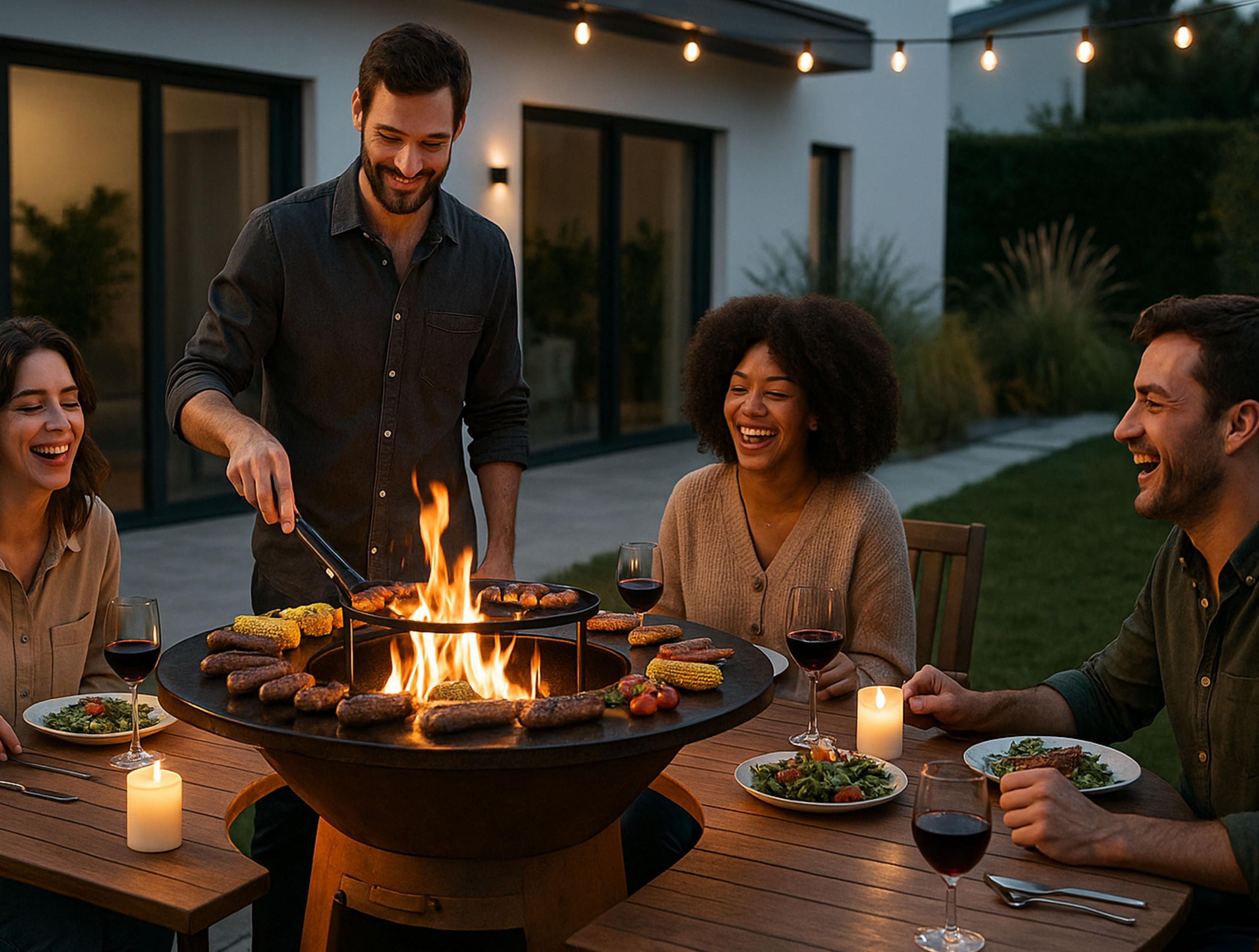 Barbecue rotondo con piastra e griglia in acciaio e piano in legno
