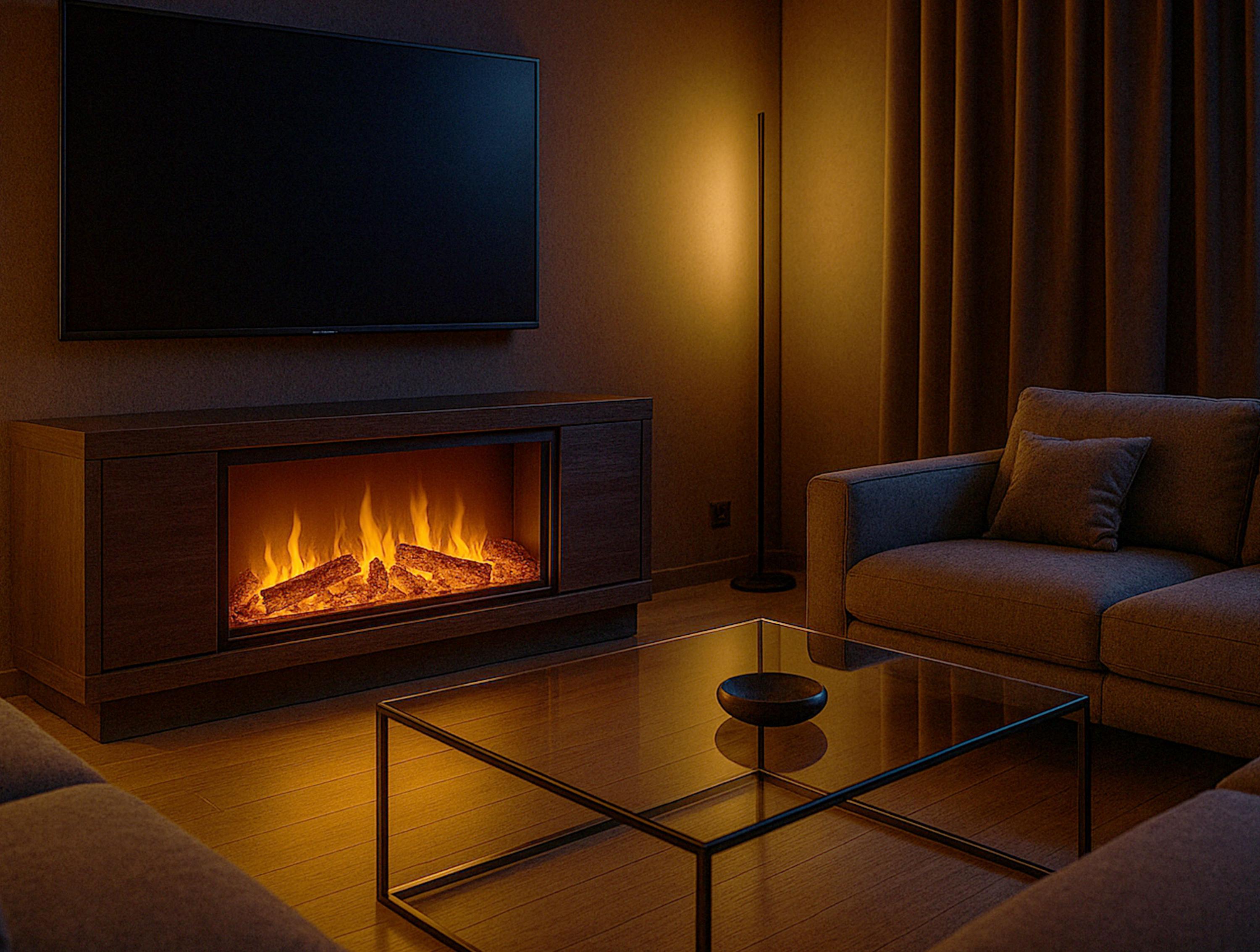 Caminetto decorativo con fiamma simulata e ceppi di legno