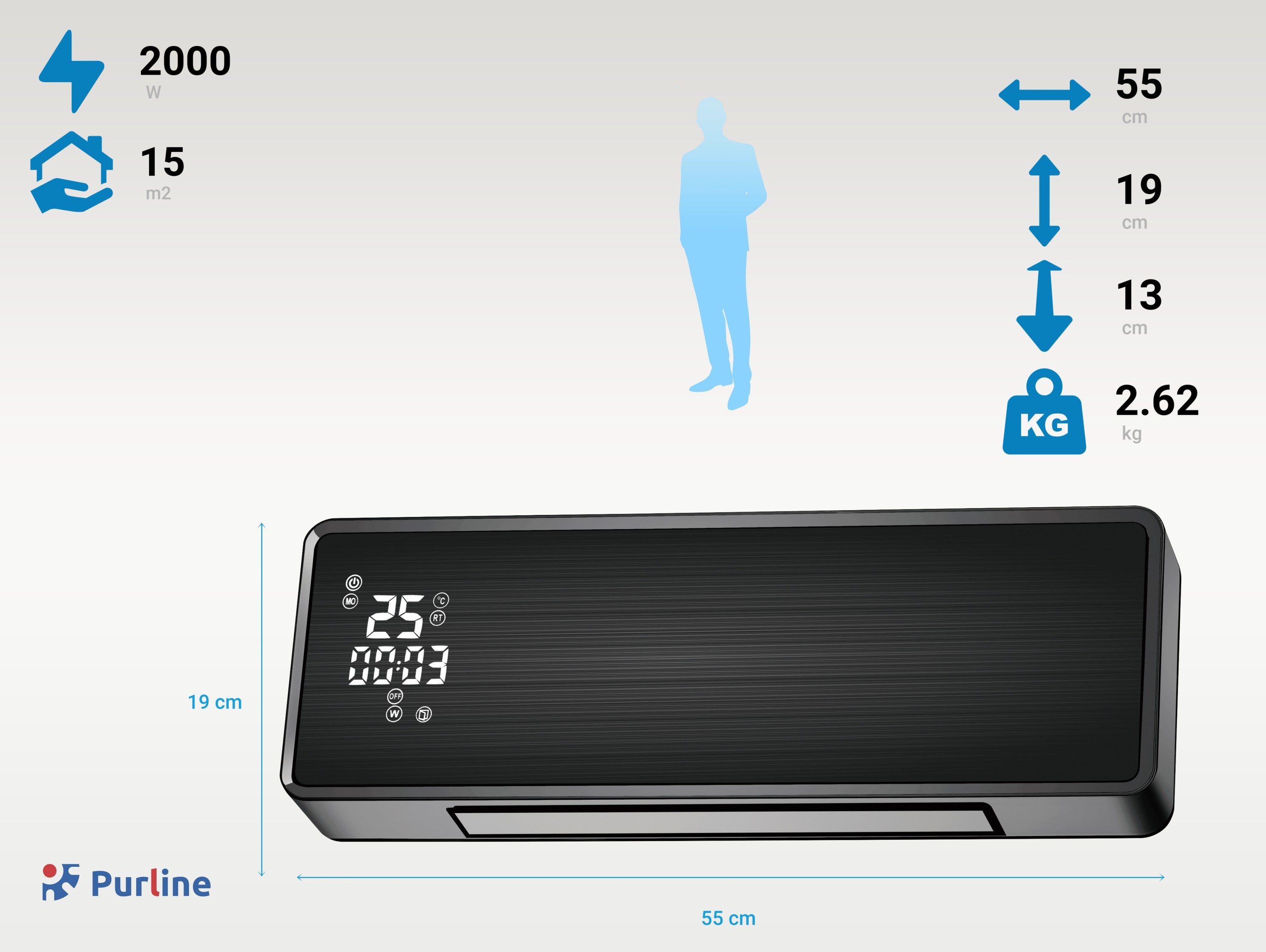 Riscaldatore split a parete 2000 W con frontale in vetro nero con controllo WIFI