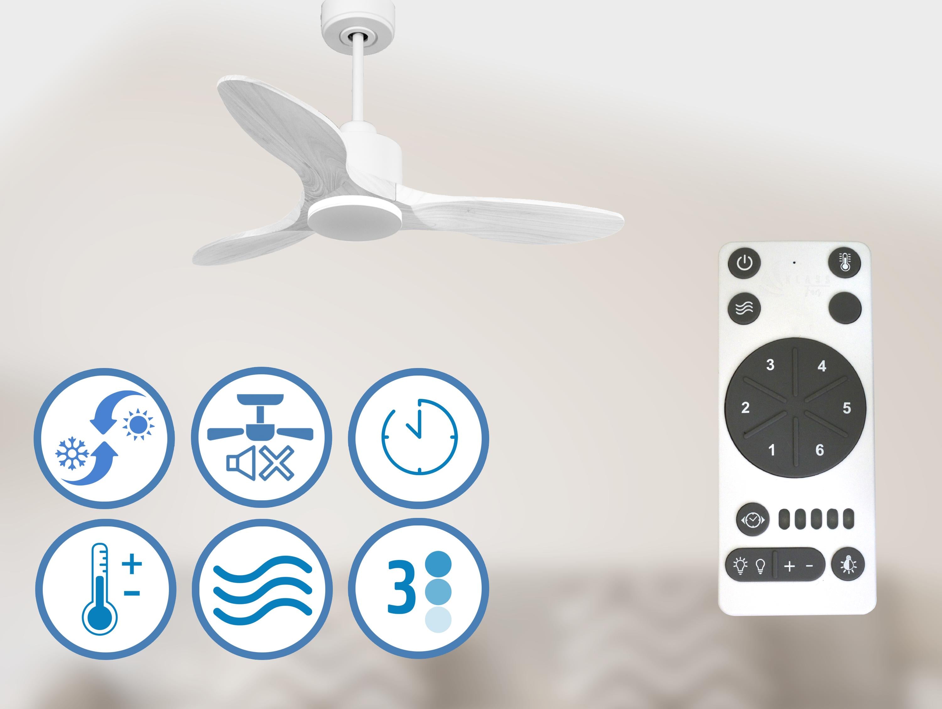 Ventilatore da soffitto Reversibile Termostato Wifi Motore CC Tetti inclinati Telecomando Hypersilence Memoria Shopify Vendible (AUTOMATICO)