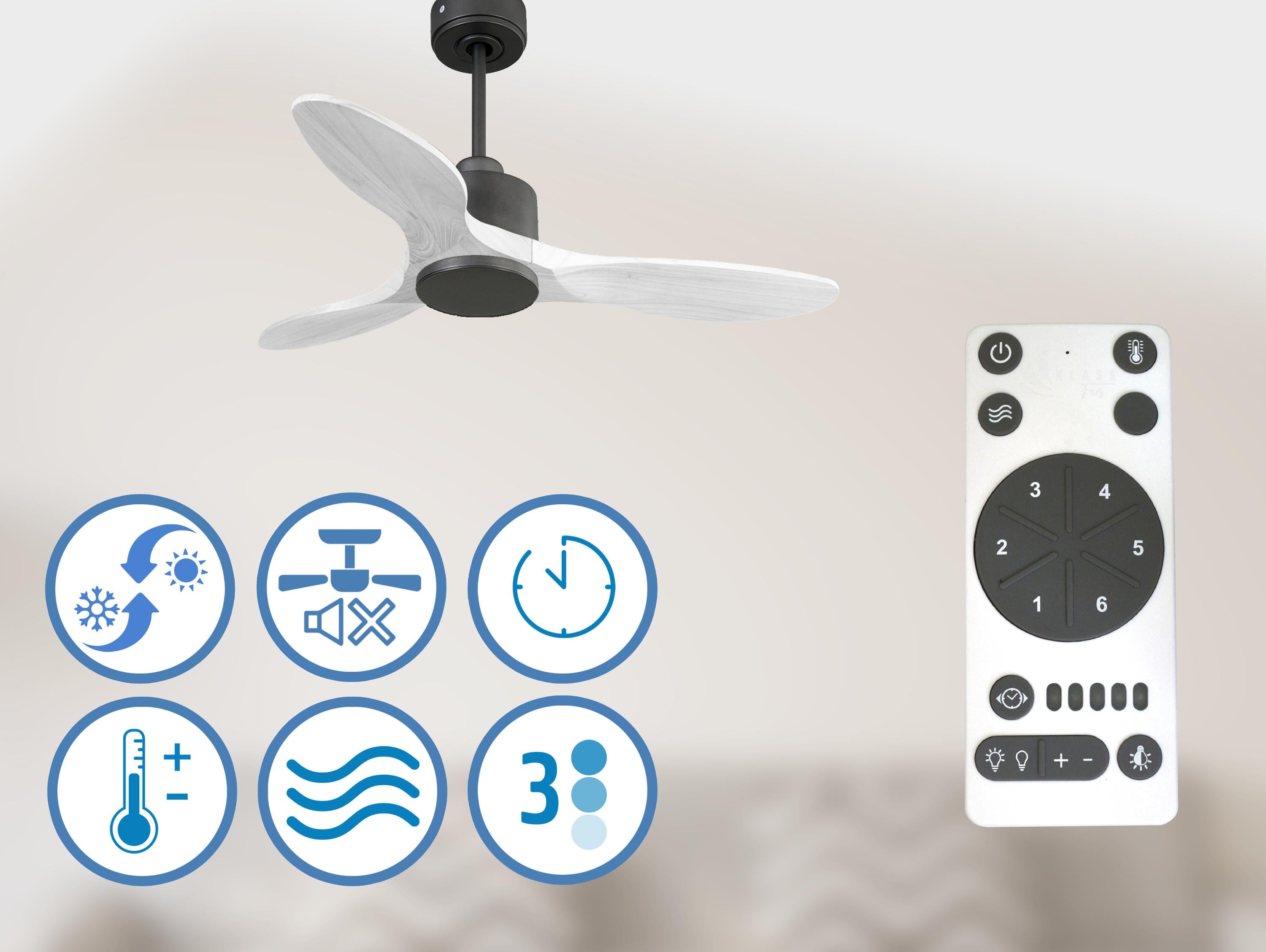Ventilatore da soffitto Reversibile Termostato Wifi Motore CC Tetti inclinati Telecomando Hypersilence Memoria Shopify Vendible (AUTOMATICO)