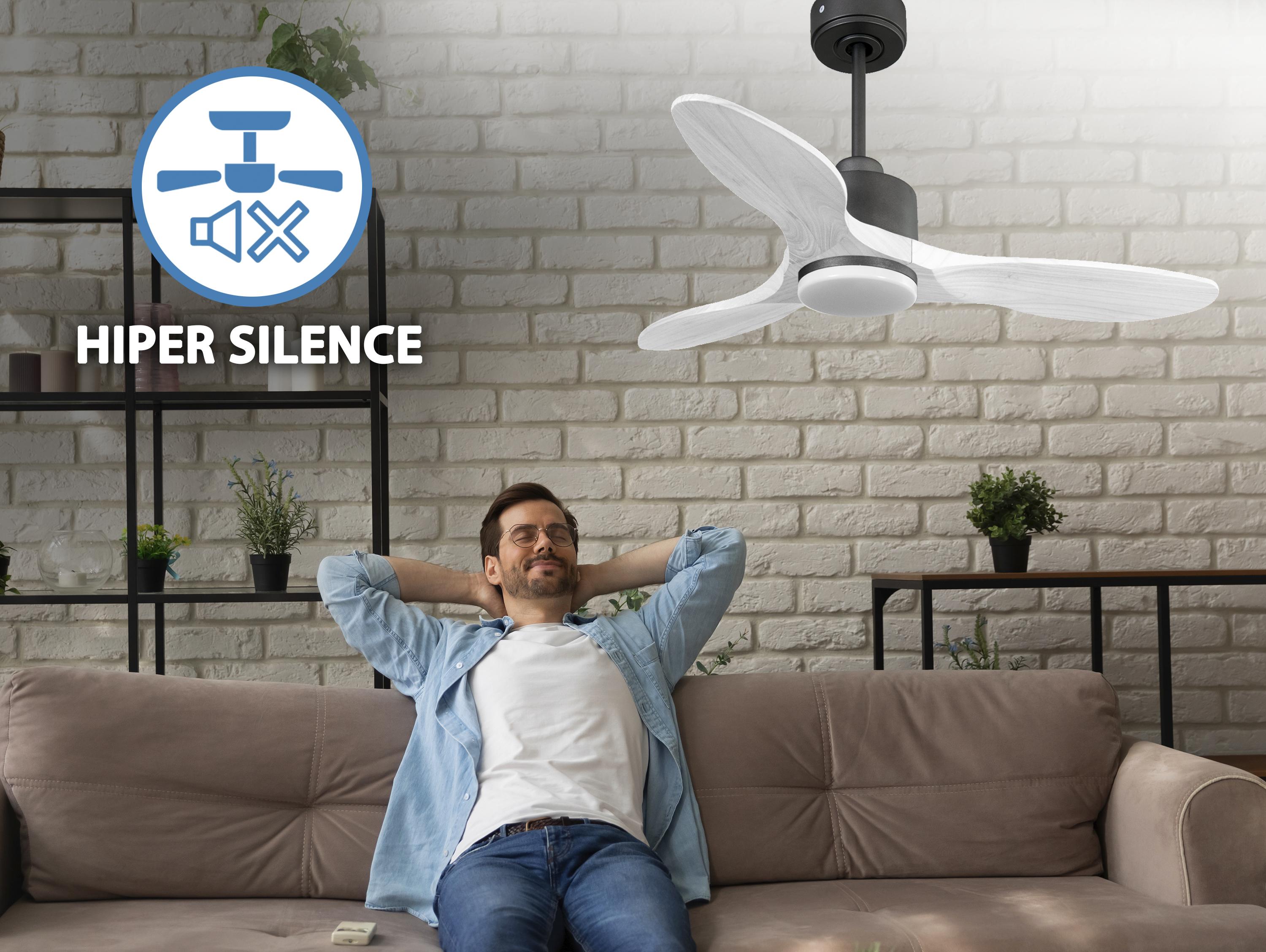  Ventilatore da soffitto Reversibile Termostato Dimmabile Wifi Motore CC Tetti inclinati Telecomando Luce a tre toni Hypersilence Memoria Shopify Vendible (AUTOMATICO)