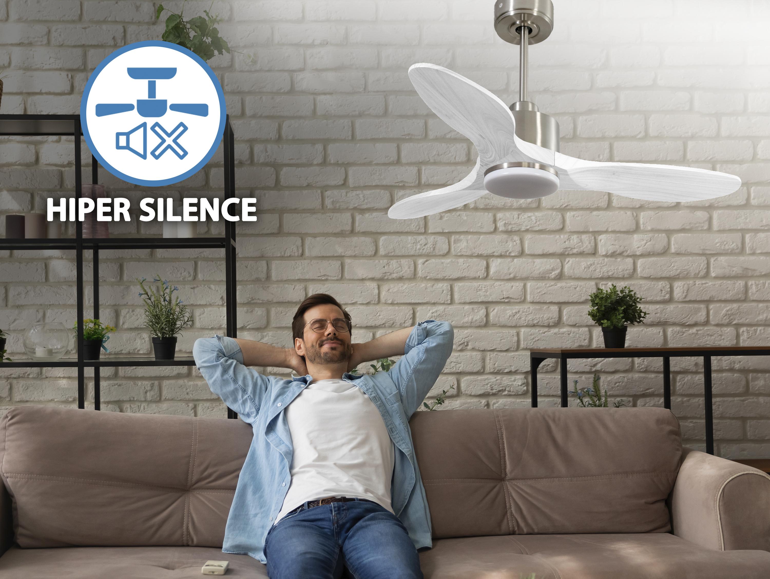 Ventilatore da soffitto Reversibile Termostato Dimmabile Wifi Motore CC Tetti inclinati Telecomando Luce a tre toni Hypersilence Memoria Shopify Vendible (AUTOMATICO)